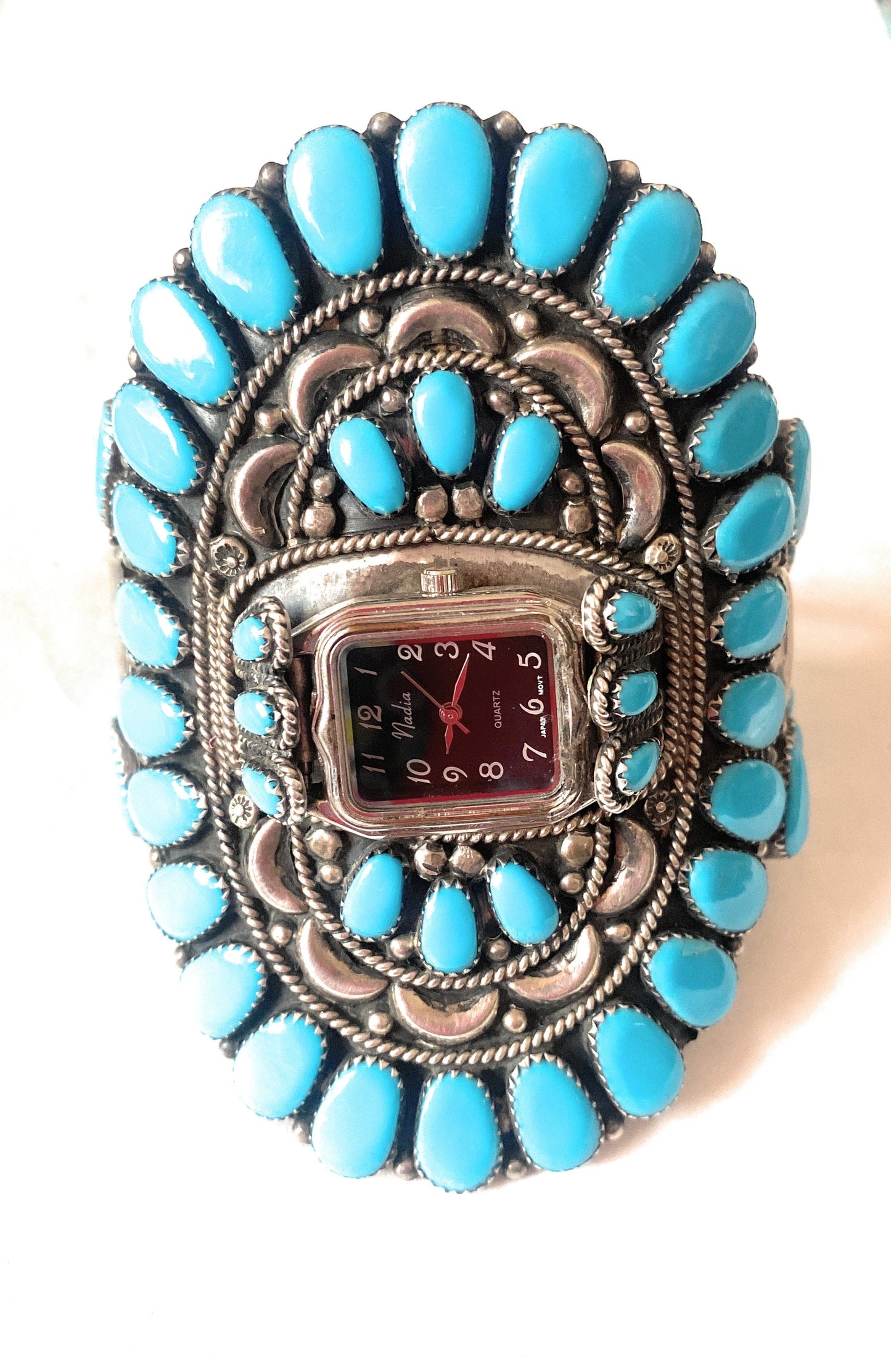 Old Pawn Vintage Handcrafted Turquoise & Sterling Silver Cluster Watch Cuff /
