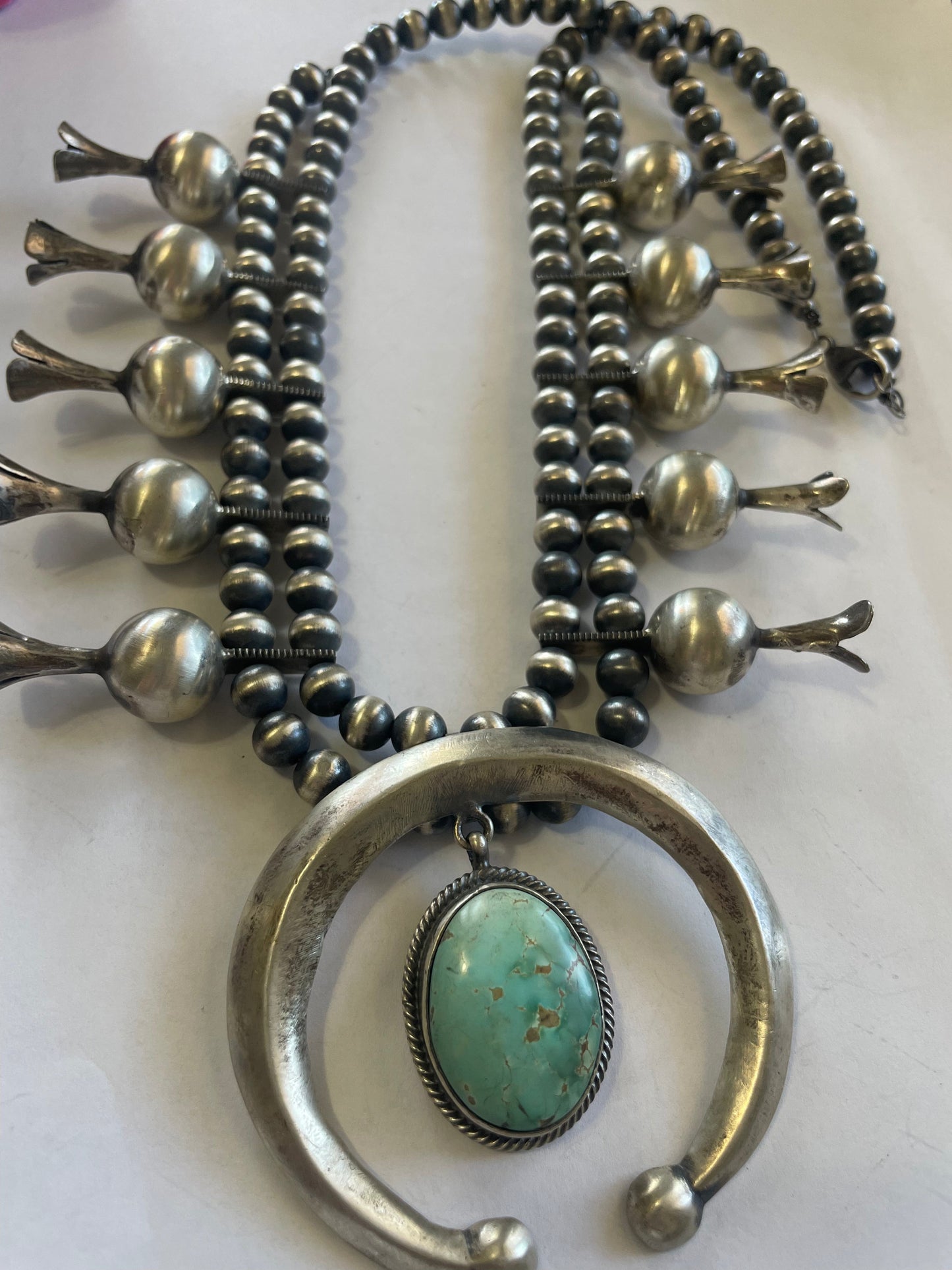 Handcrafted Turquoise & Sterling Silver Squash Blossom Necklace Signed Paul Livingston
