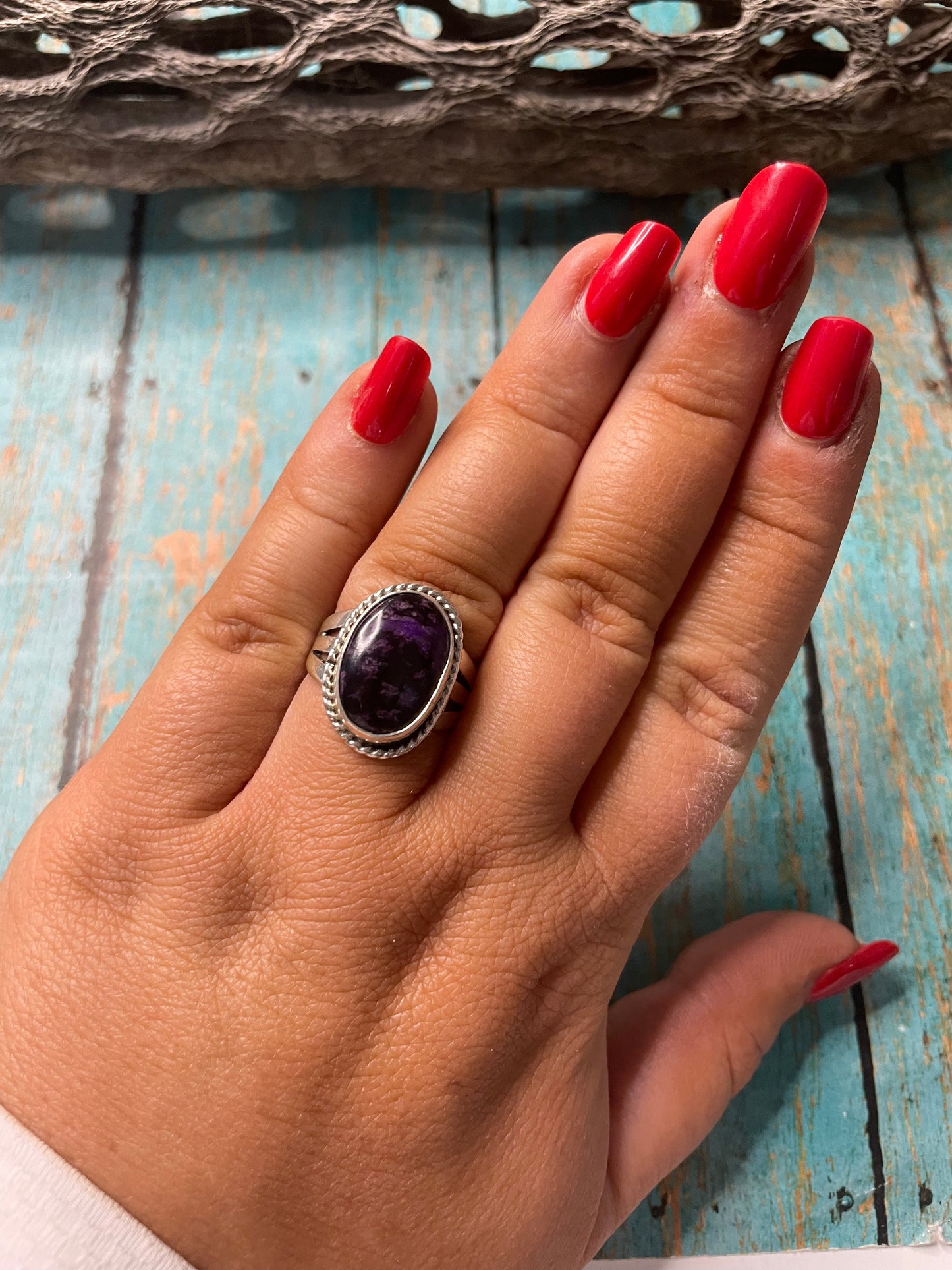 Old Pawn Navajo Sterling Silver & Charorite Ring Size 8