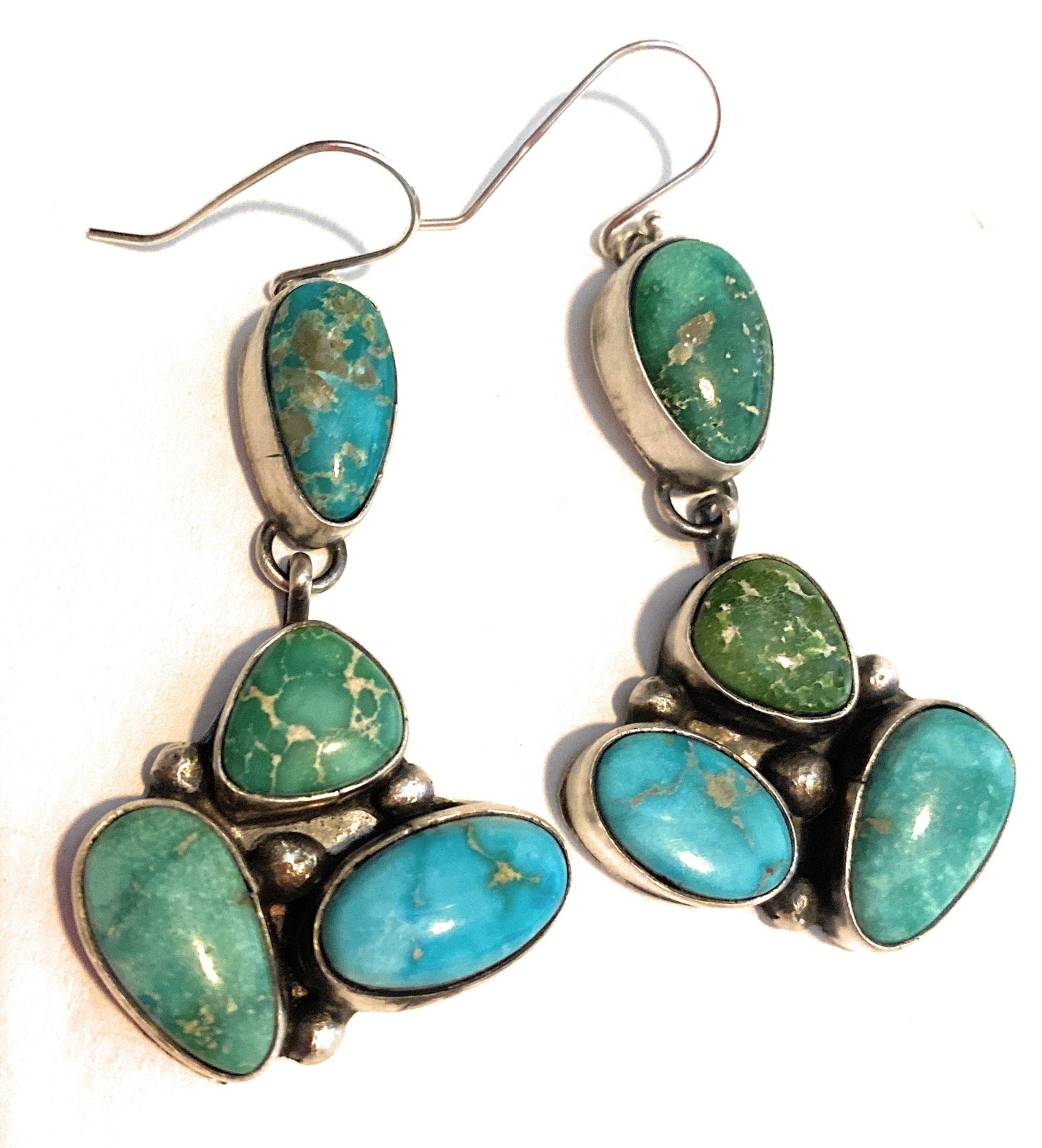 Handcrafted Multi Turquoise & Sterling Silver Cluster Dangle Earrings