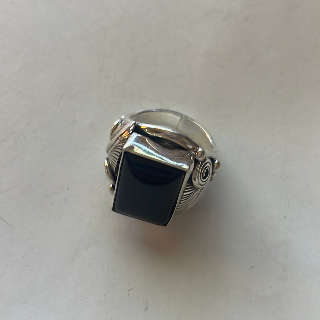 Handcrafted Sterling Silver & Black Onyx Rectangluar Ring Size 9