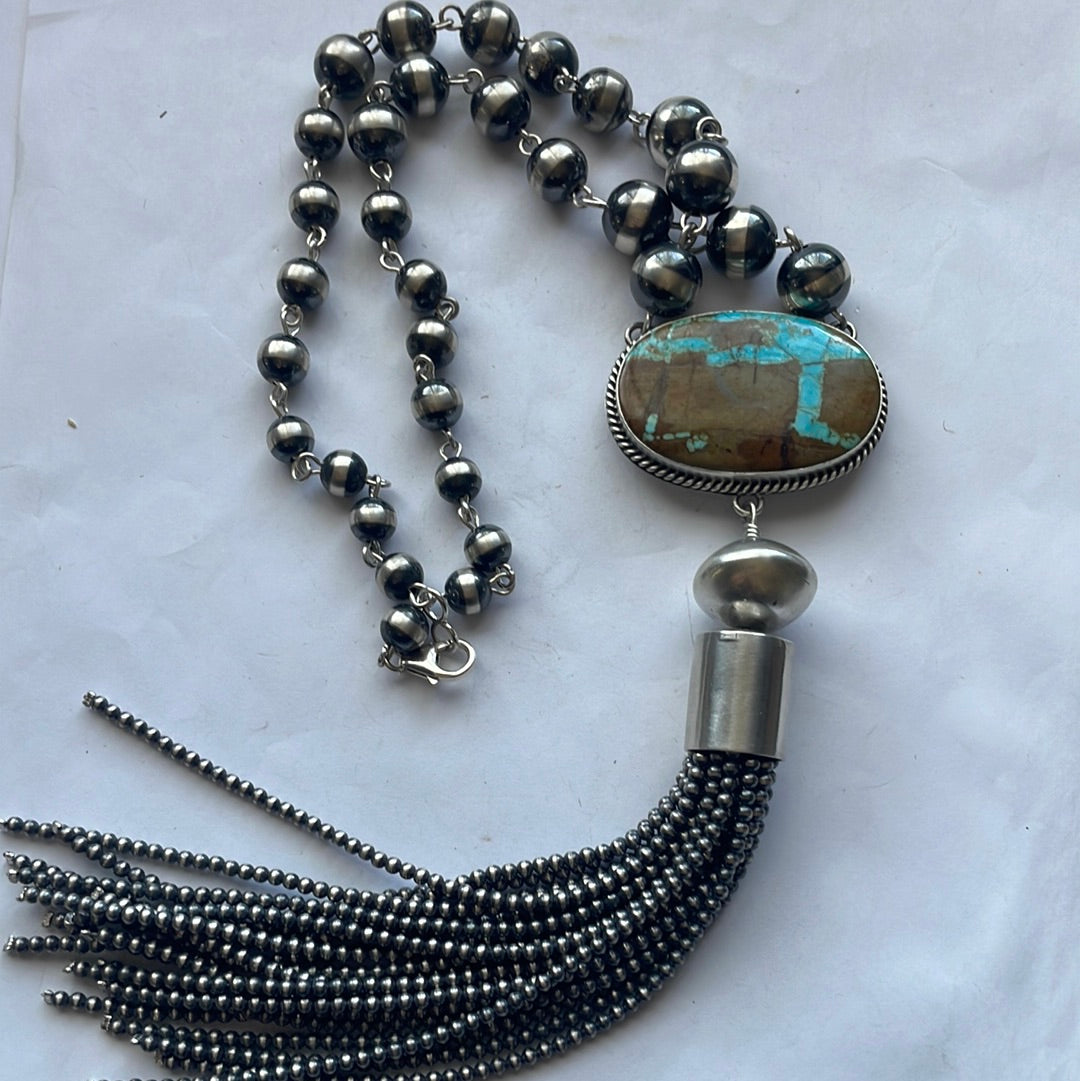 Handcrafted Sterling Silver & Number 8 Turquoise Necklace Signed Emer Thompson