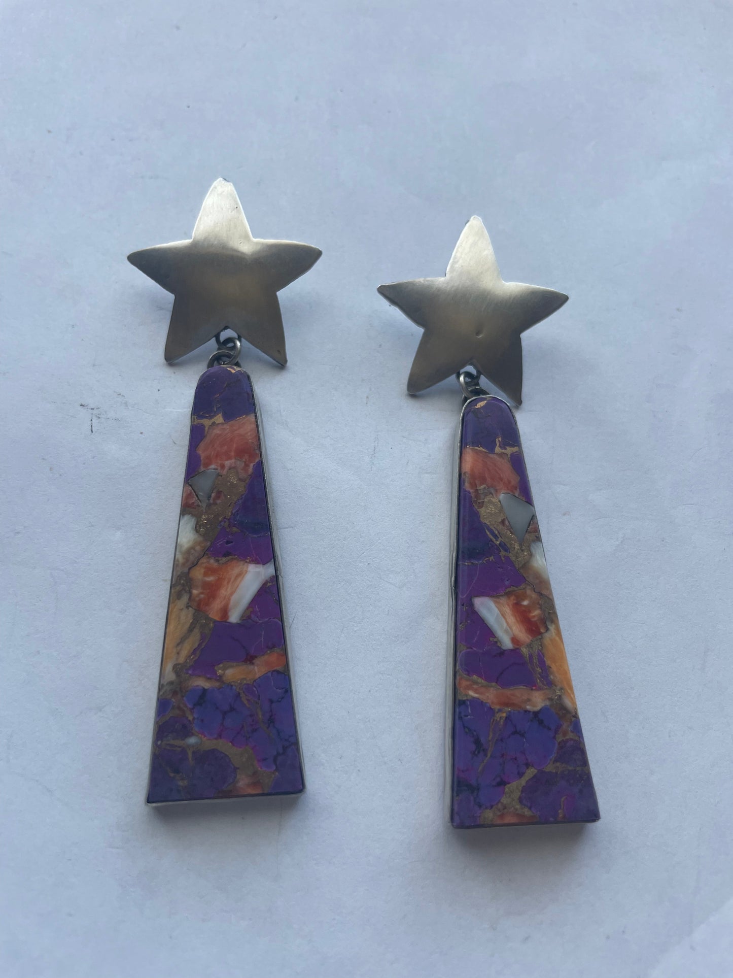 Handcrafted Sterling Silver & Purple Dream Slab Star Dangle Earrings Signed