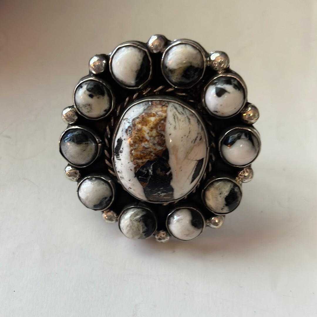 Handcrafted Sterling Silver & White Buffalo Adjustable Ring Signed
