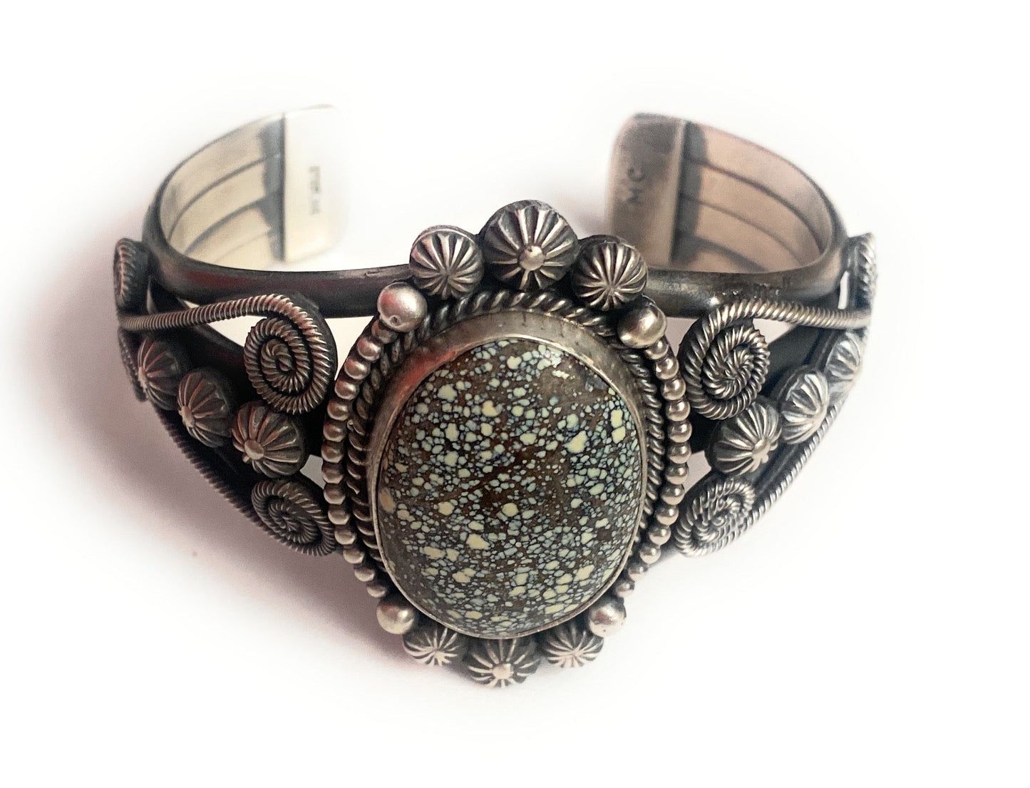 Handcrafted New Lander Turquoise & Sterling Silver Cuff Bracelet Signed