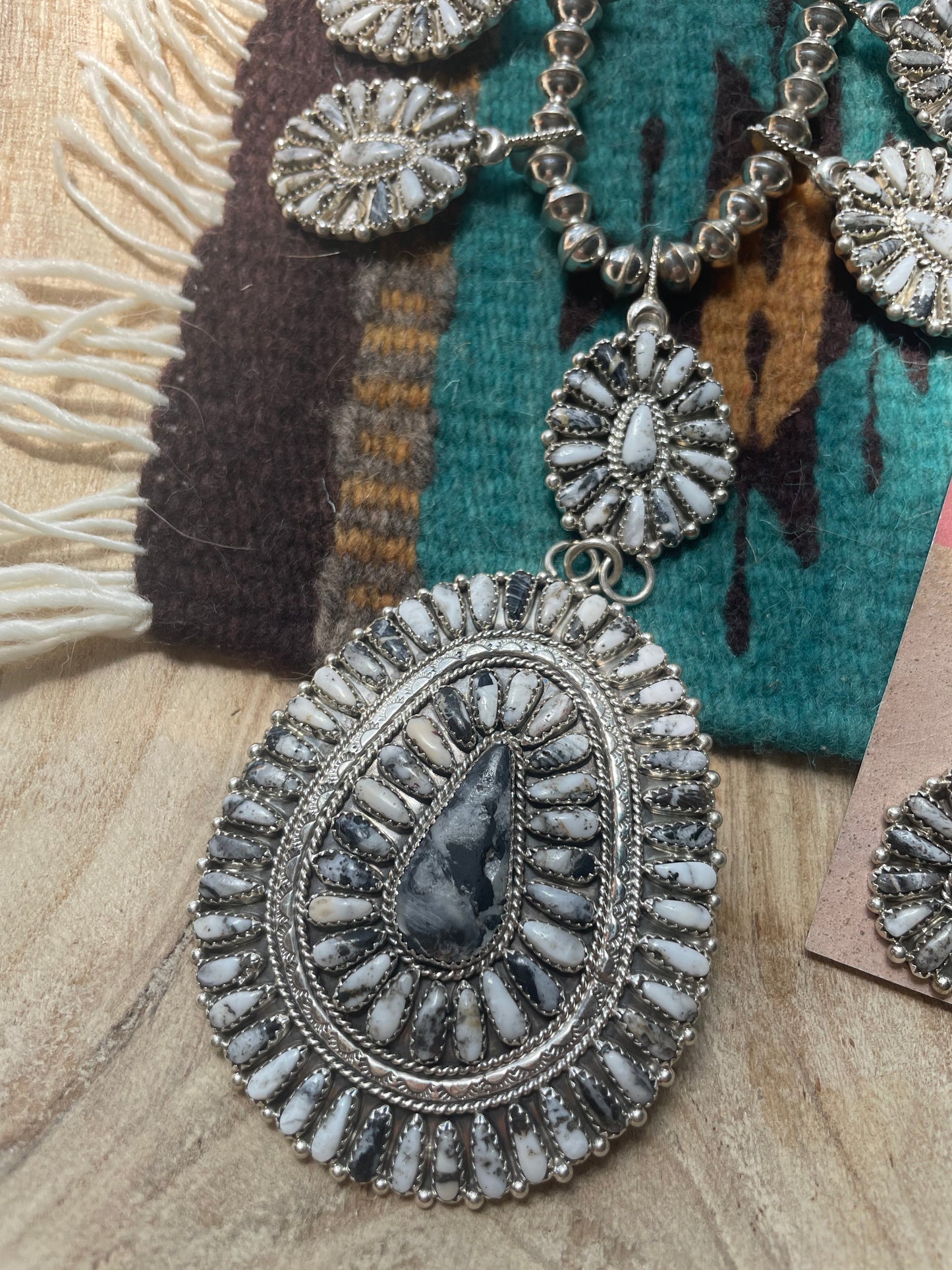 Navajo Sterling Silver & White Buffalo Necklace & Earrings Set Signed