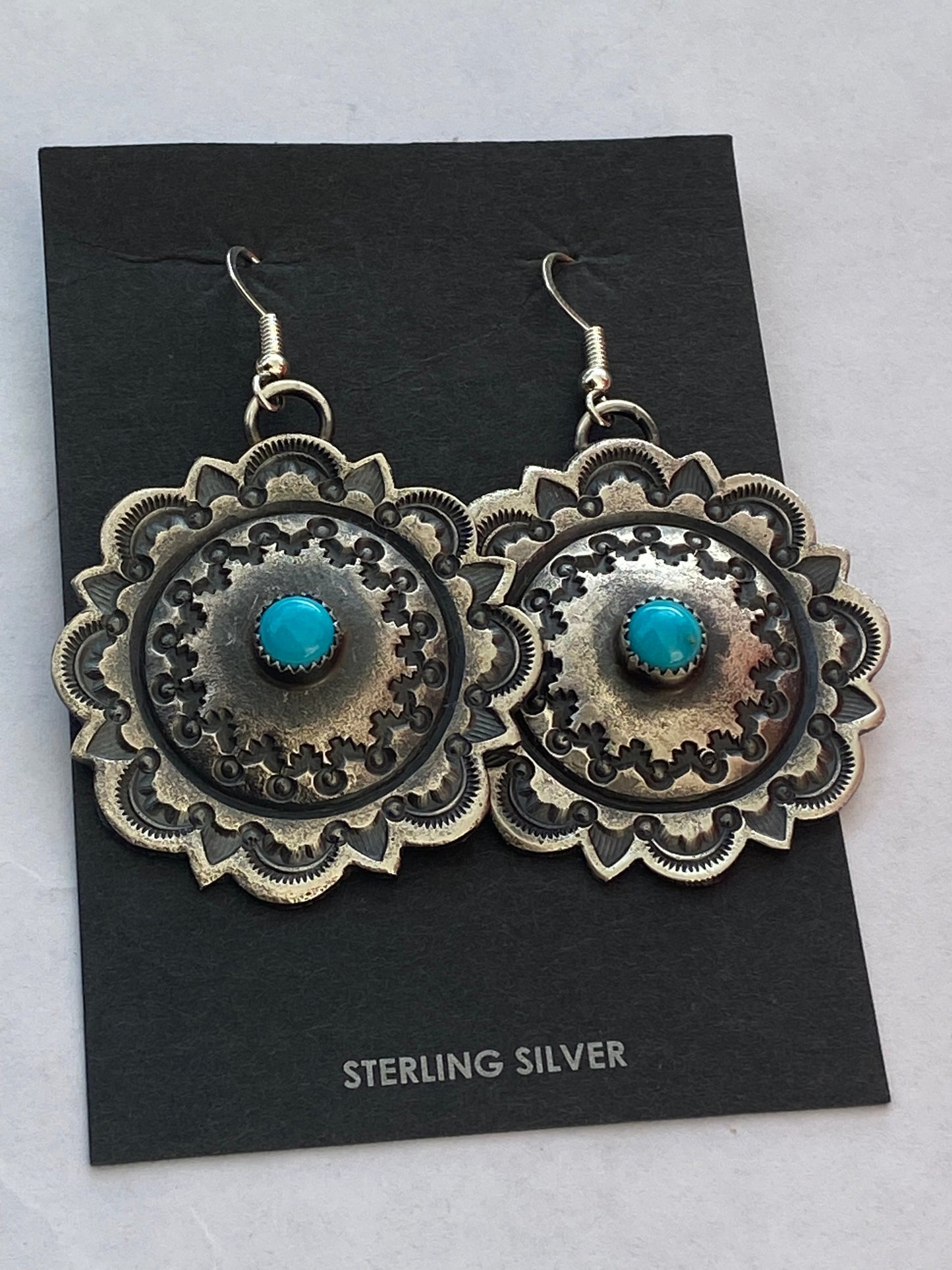 Handcrafted Turquoise & Sterling Silver Concho Dangle Earrings By Kevin Billah