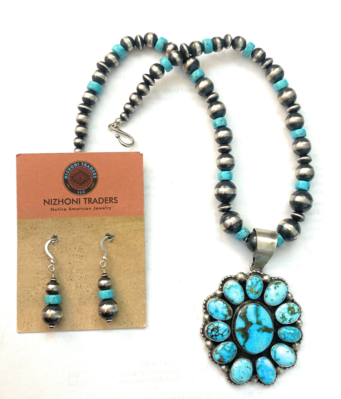 Handcrafted Sterling Silver & Kingman Turquoise Beaded Necklace Set