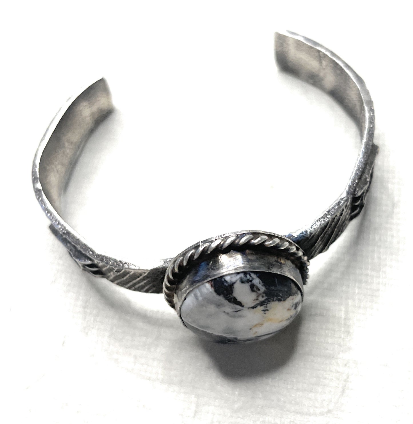 Handcrafted Golden Hills White Buffalo & Sterling Silver Tufa Cast Cuff Bracelet Signed