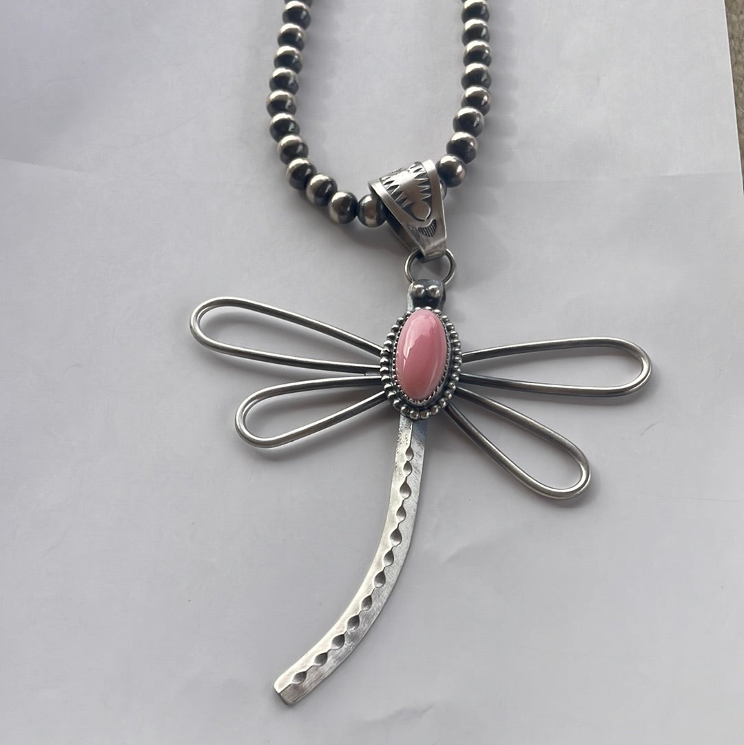 Handcrafted Pink Conch & Sterling Silver Dragonfly Pendant Signed
