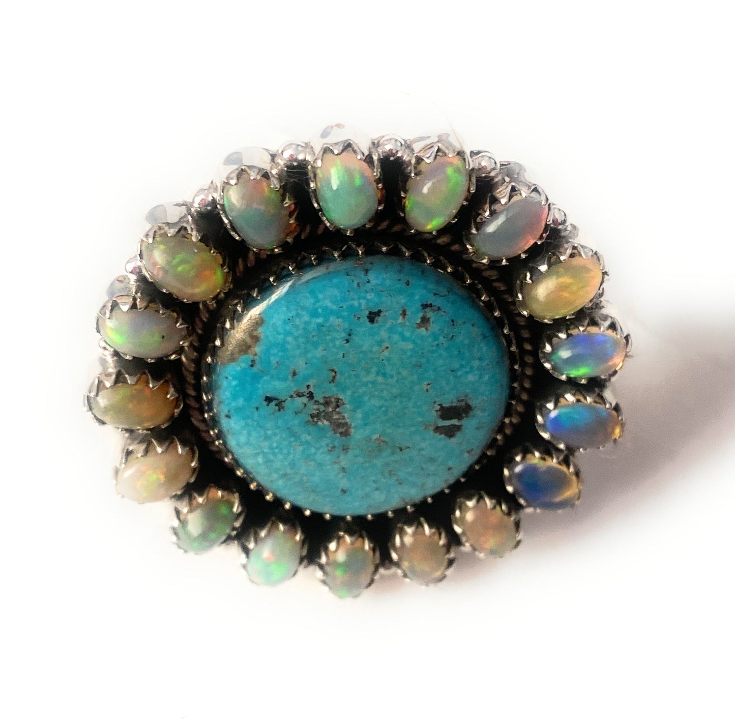 Handmade Sterling Silver, Turquoise & Opal Cluster Adjustable Ring