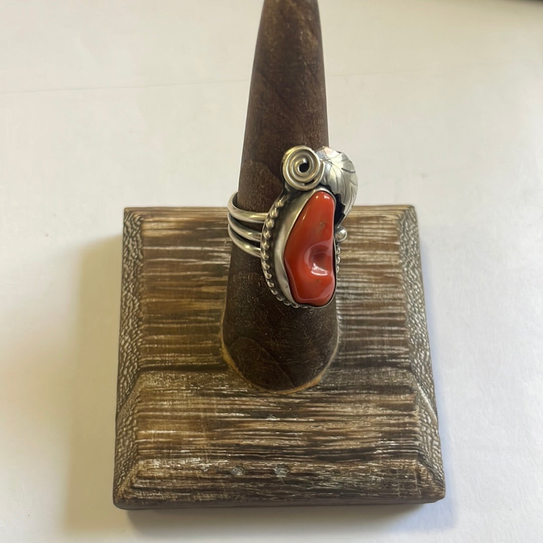Handcrafted Coral & Sterling Silver Feather Ring Signed