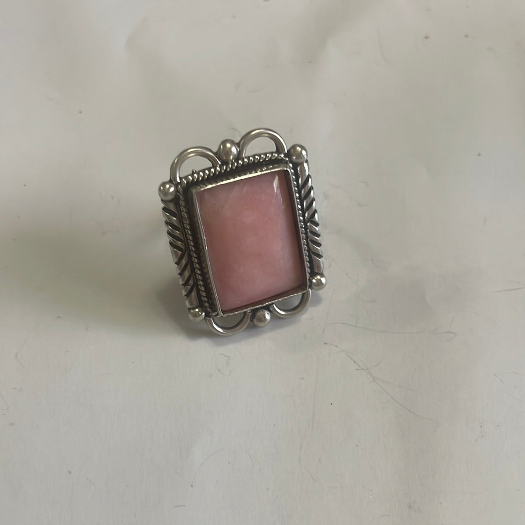 Gorgeous Handcrafted Pink Peruvian Opal And Sterling Silver Adjustable Ring