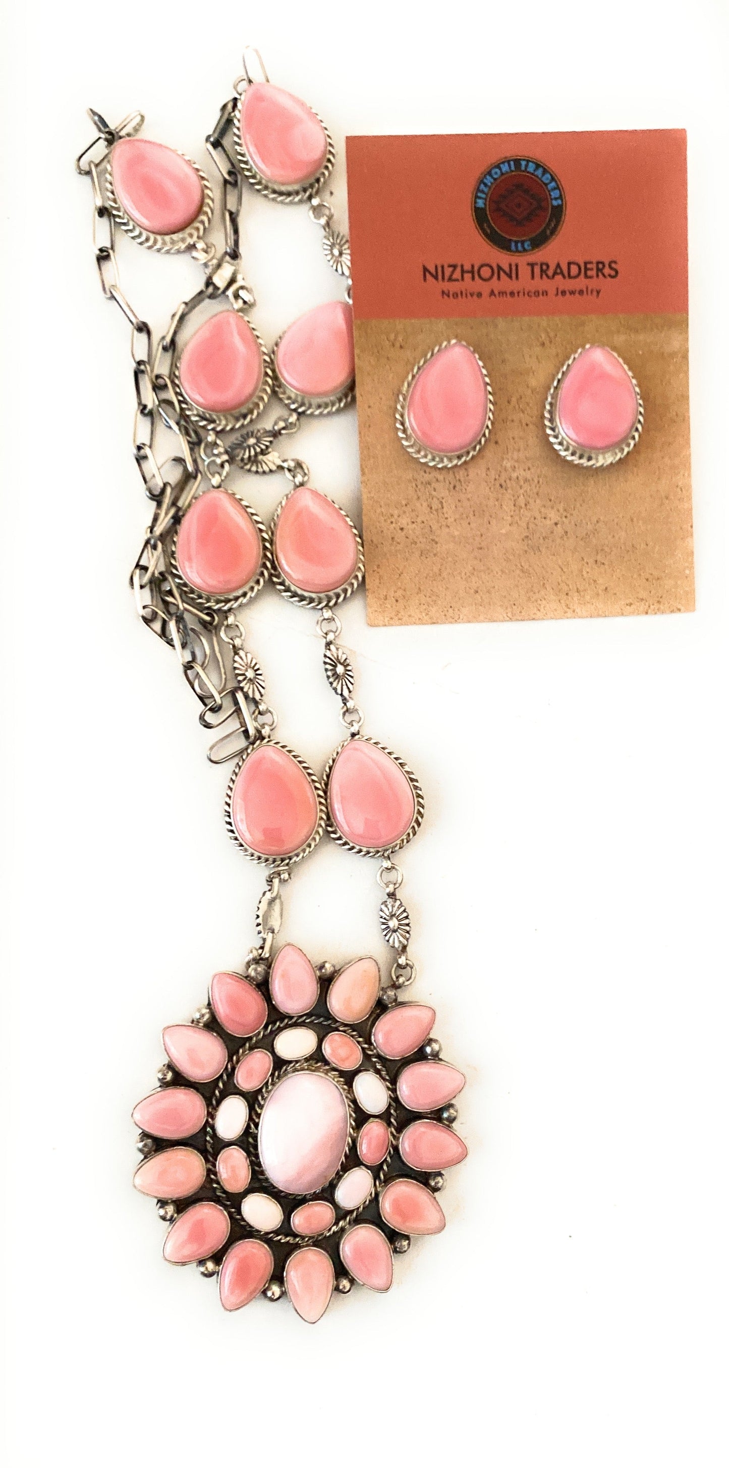 Handcrafted Pink Conch And Sterling Silver Necklace Earrings Set Signed Phyllis Smith