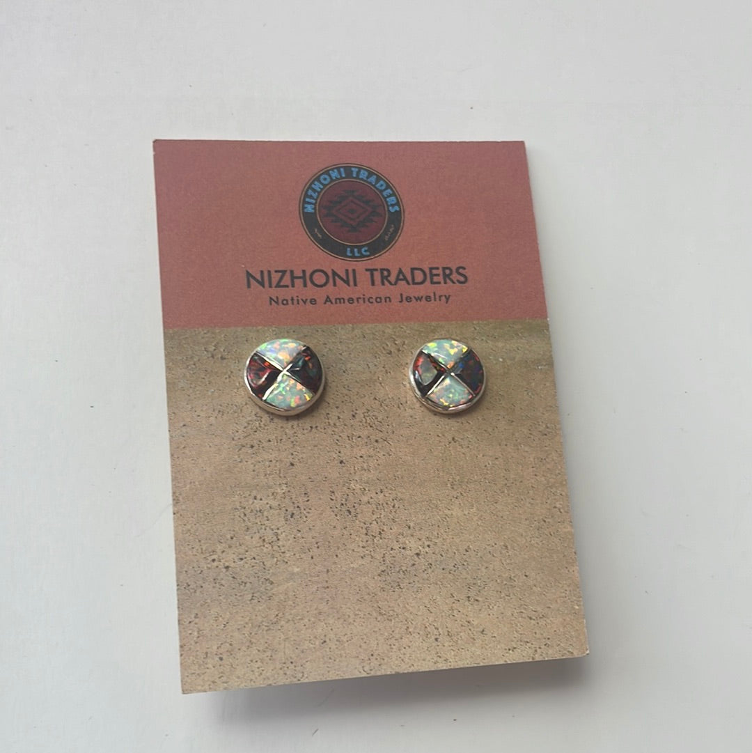 Handcrafted Red & White Opal Inlay & Sterling Silver Stud Earrings
