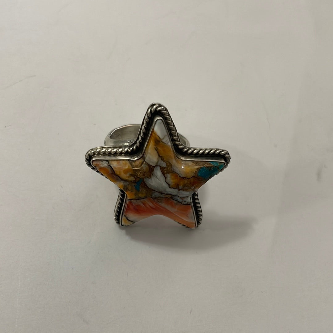 Handcrafted Orange Dream And Sterling Silver Star Adjustable Ring