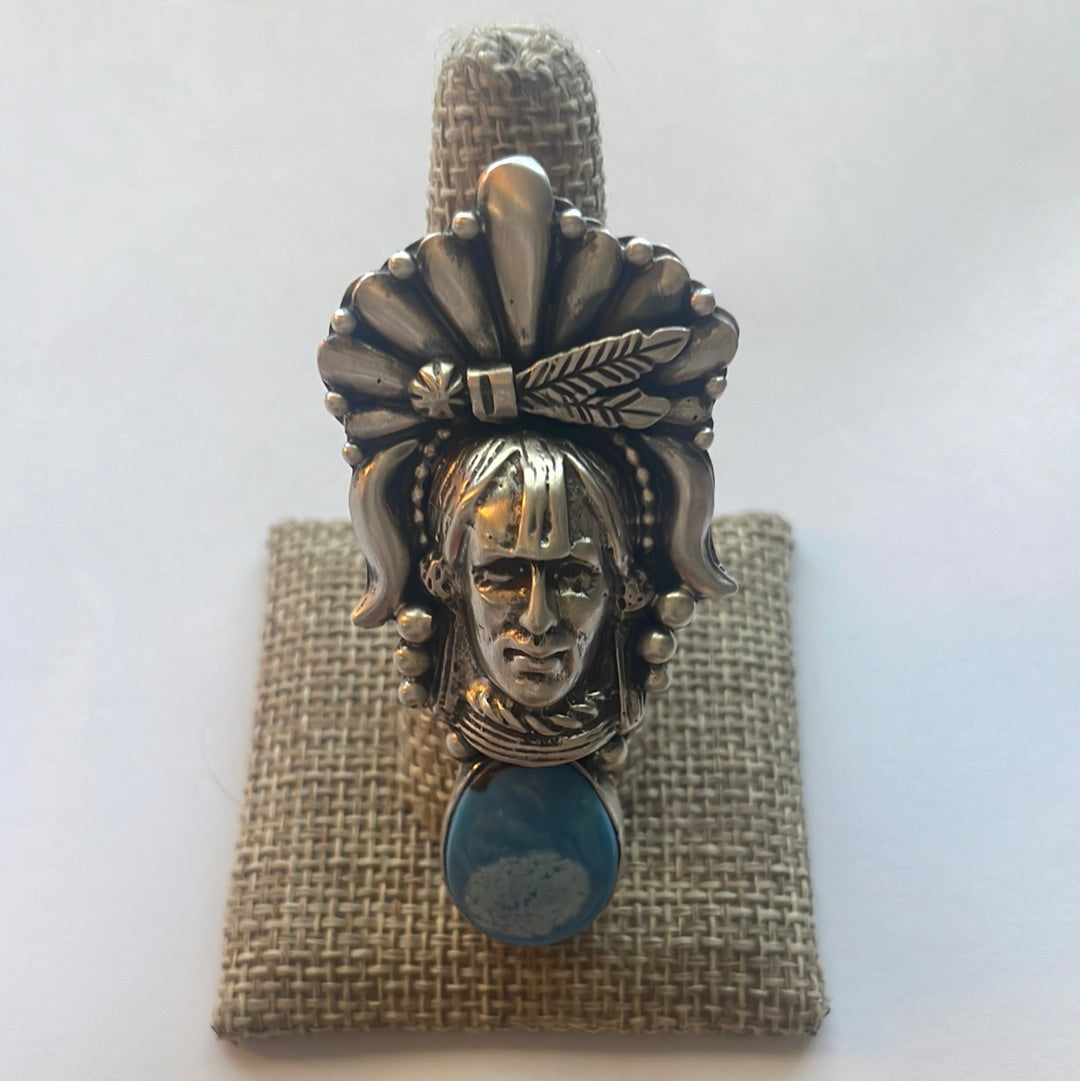 Beautiful Handcrafted Sterling Silver & Turquoise Chief Adjustable Ring Signed Russell Sam