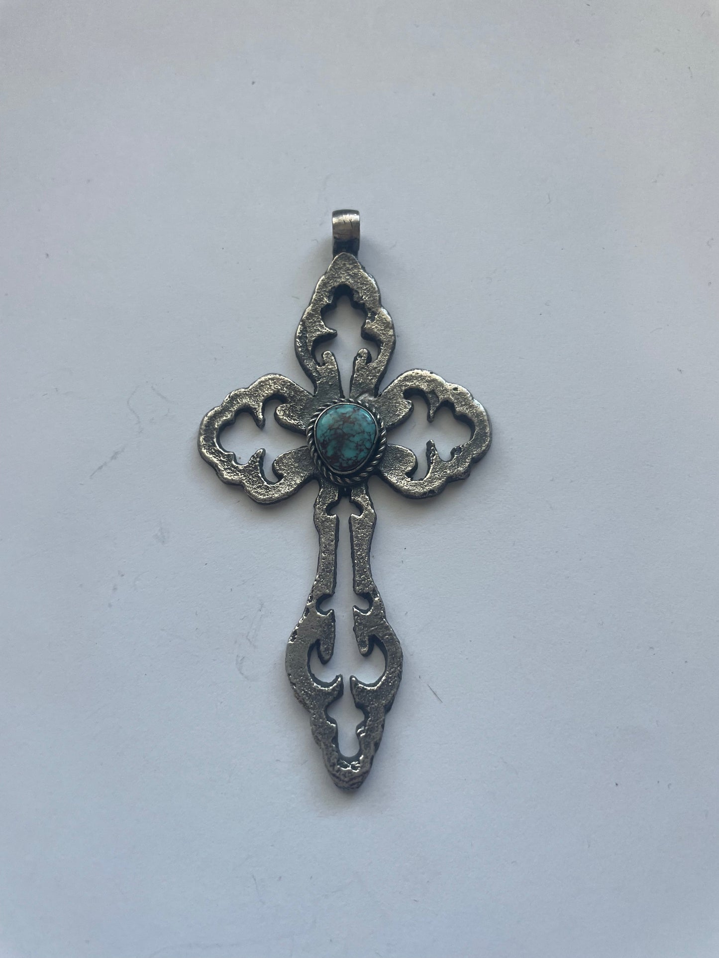 Handcrafted Sterling Silver & Turquoise Cross Pendant Signed Eugene Mitchell