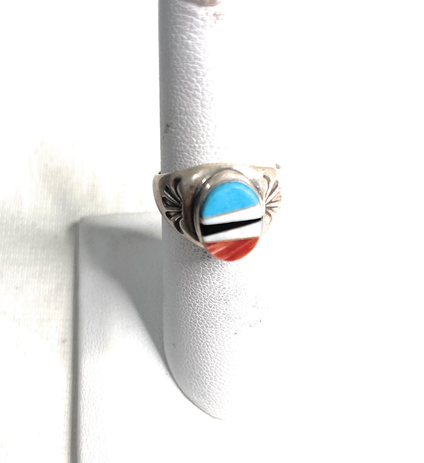 Old Pawn Handcrafted Sterling Silver & Multi Stone Inlay Ring Size 6
