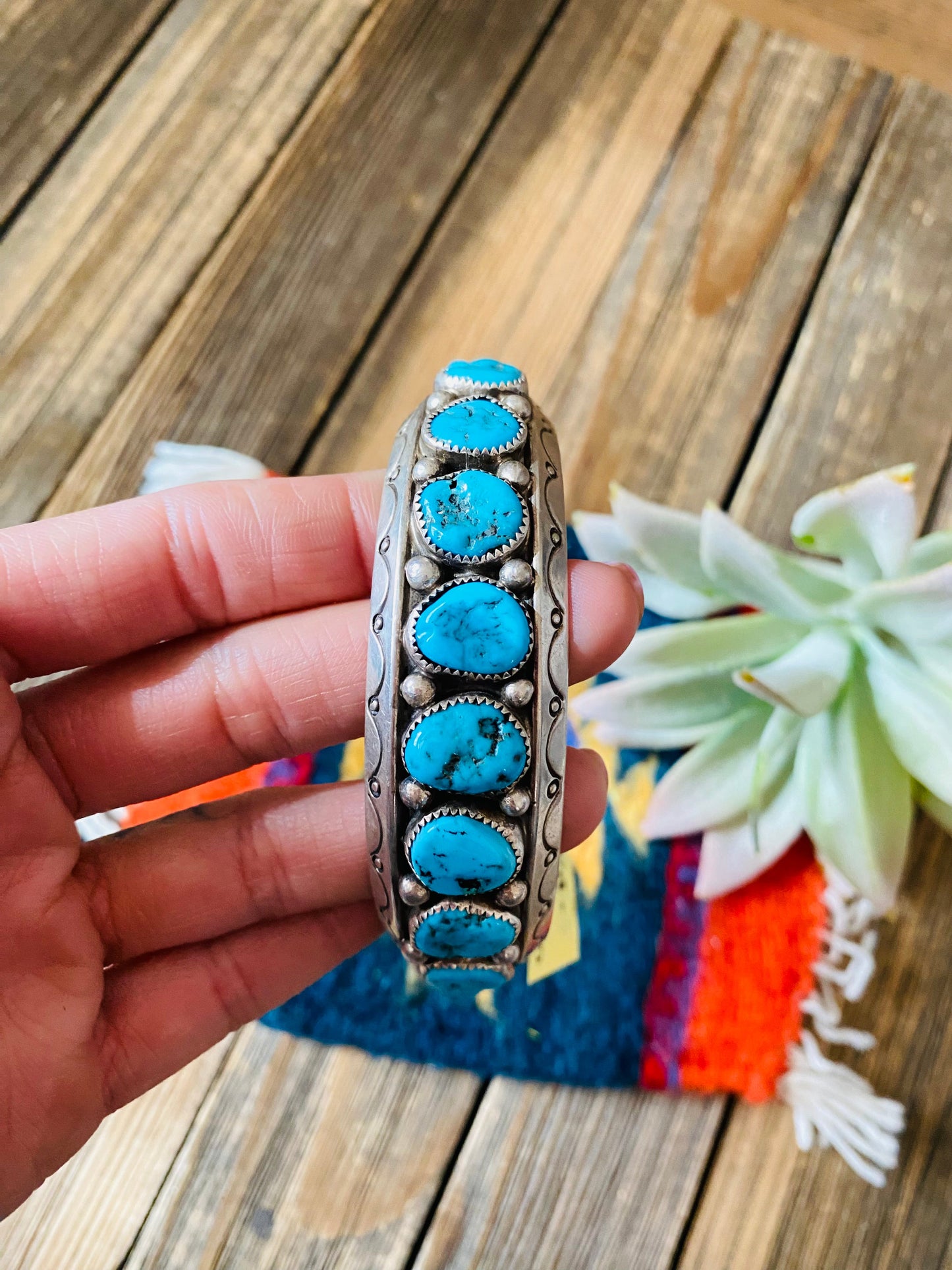 Navajo Old Pawn Vintage Kingman Turquoise & Sterling Silver Cuff Bracelet