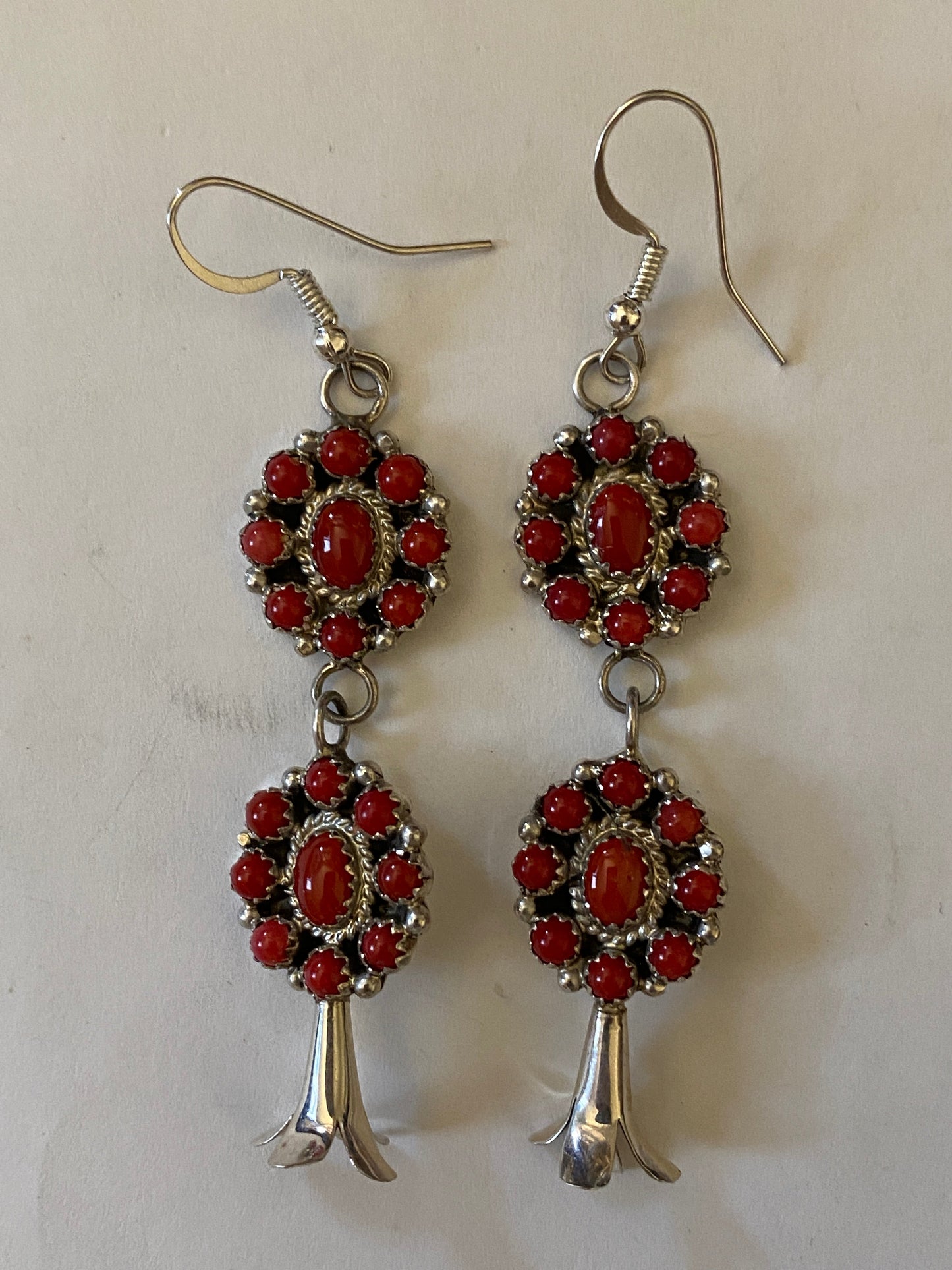 Handcrafted Petit Point Red Coral Sterling Silver Blossom Dangle Earrings