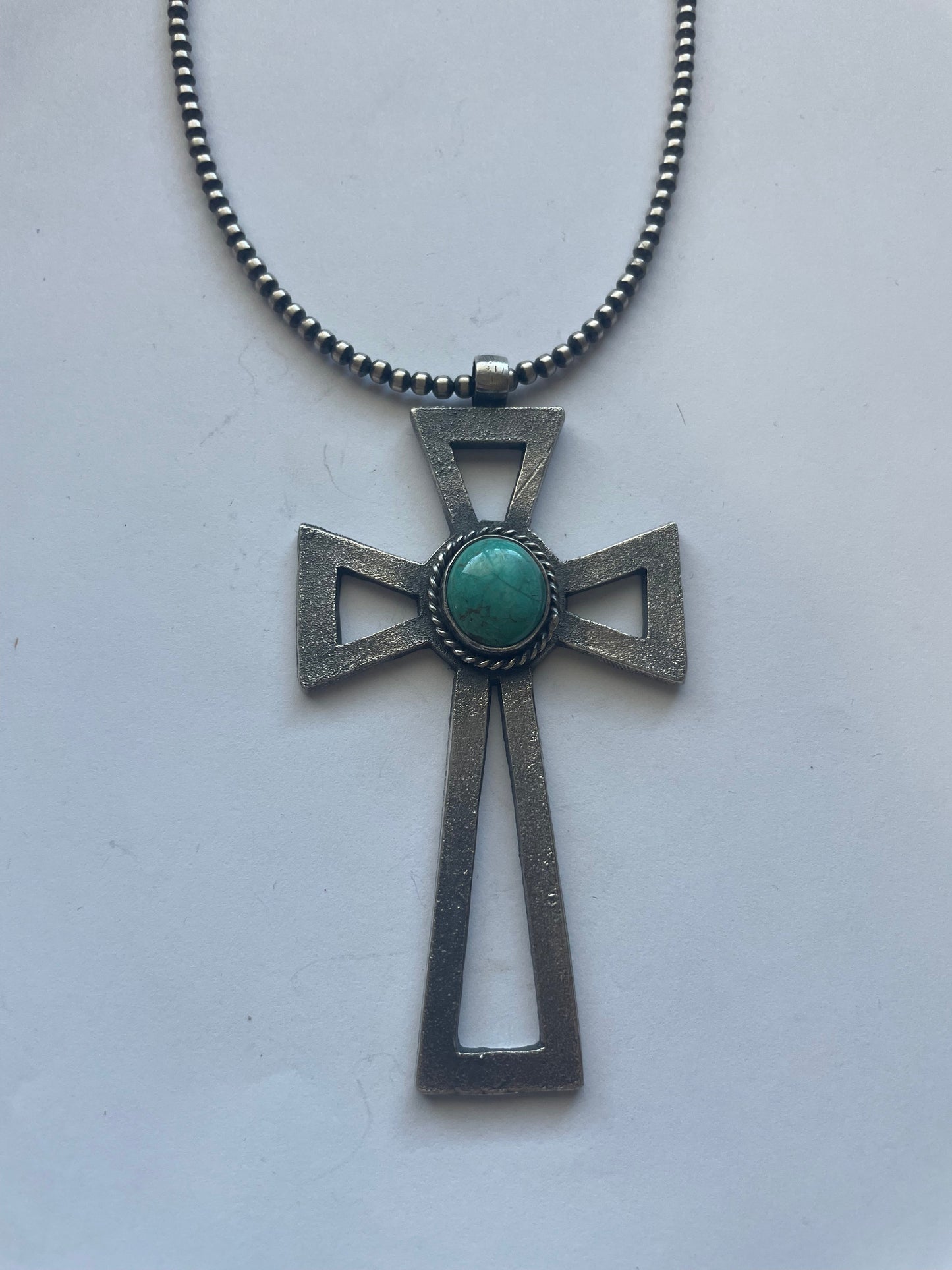 Handcrafted Sterling Silver & Turquoise Cross Pendant Signed Eugene Mitchell