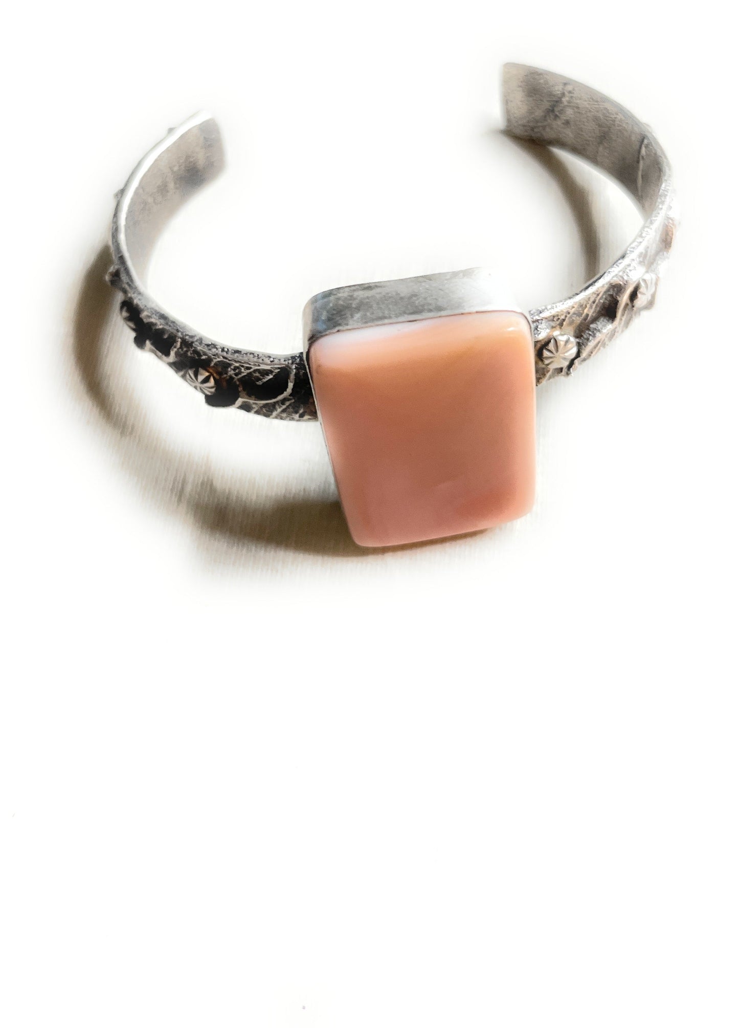 Handcrafted Pink Conch & Sterling Silver Tufa Cast Cuff Bracelet Signed