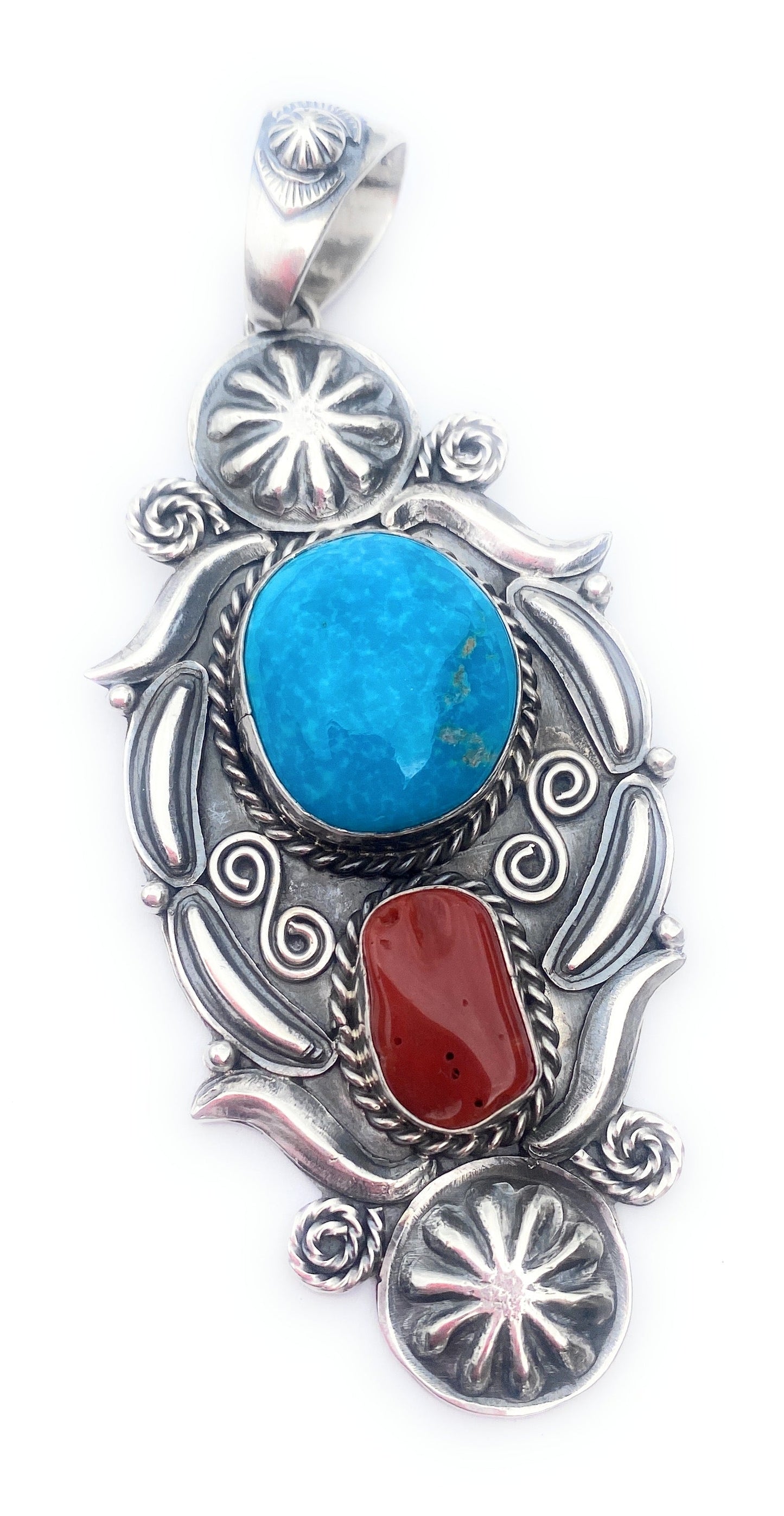 Handcrafted Sterling Silver, Kingman Turquoise & Coral Pendant Signed