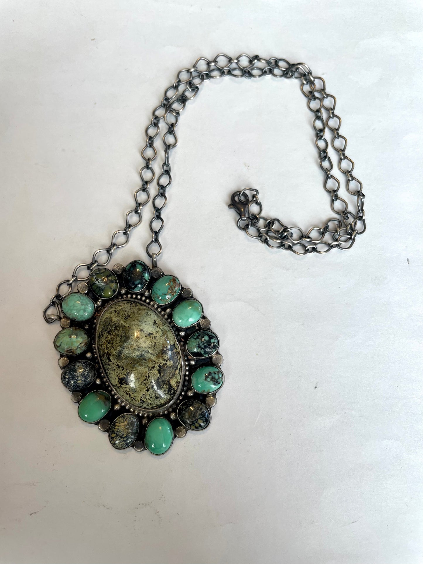 Handcrafted Royston & Carico Lake Turquoise Sterling Silver Cluster Necklace by Sheila Becenti