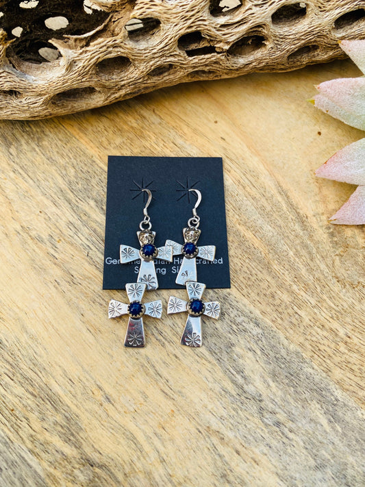 Handcrafted & Hand Stamped Sterling Silver & Lapis Double Cross Dangle Earrings