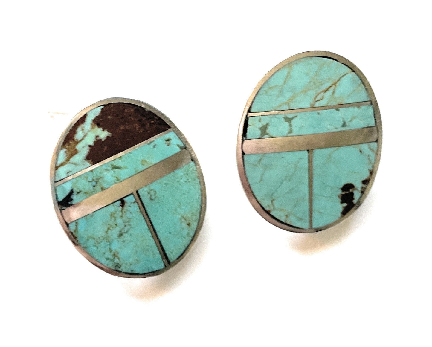 Handcrafted Number 8 Turquoise Inlay & Sterling Silver Post Earrings Signed