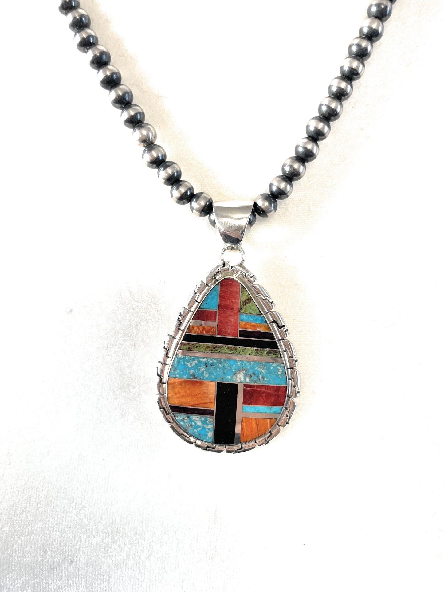 Handcrafted Multi Stone Inlay & Sterling Silver Pendant Signed LK