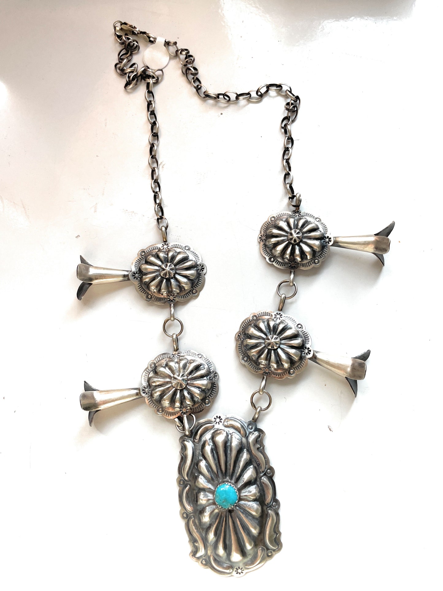 Handcrafted Turquoise & Sterling Silver Concho Necklace By Tim Yazzie