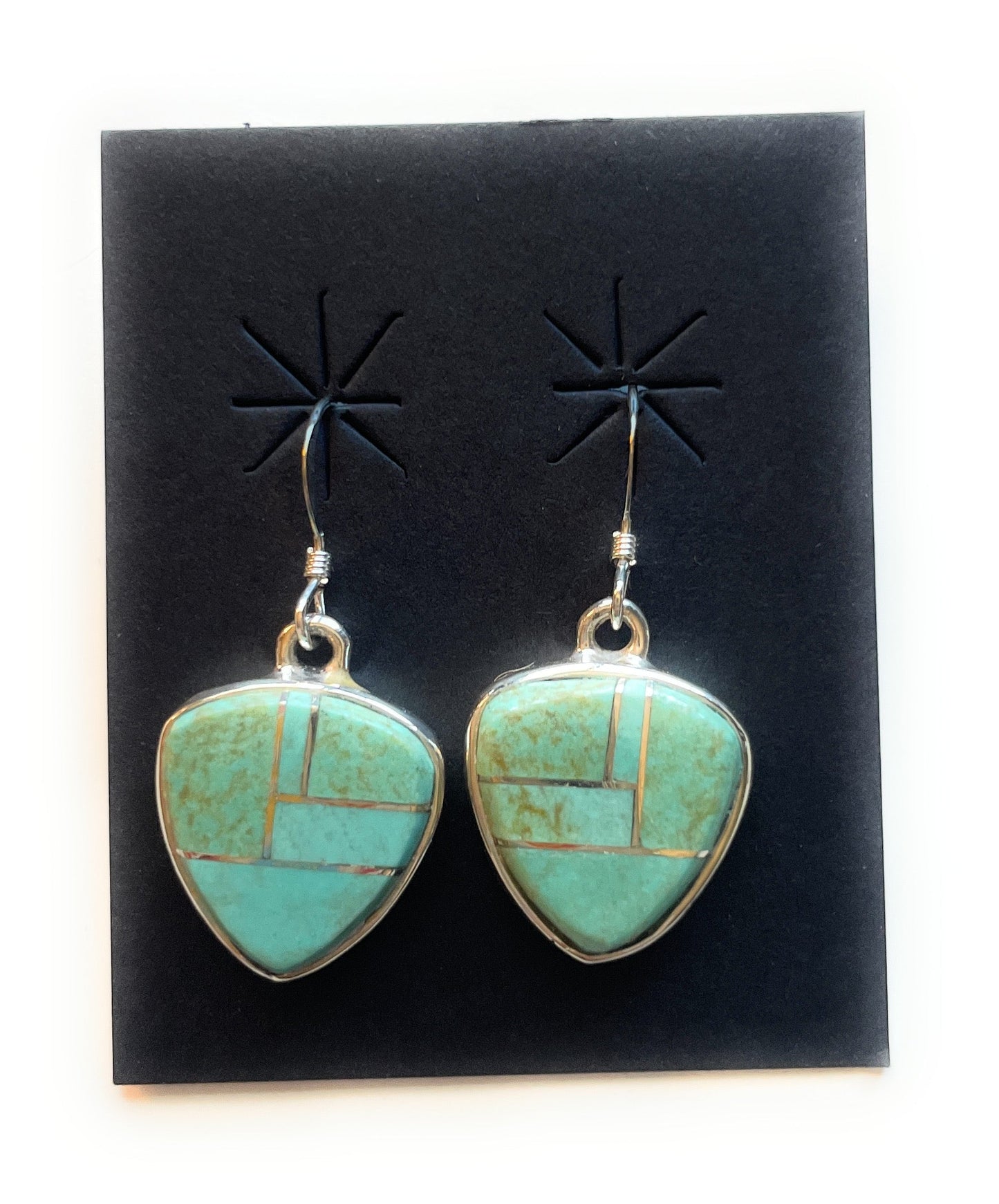 Handcrafted Number 8 Turquoise & Sterling Silver Inlay Dangle Earrings Signed