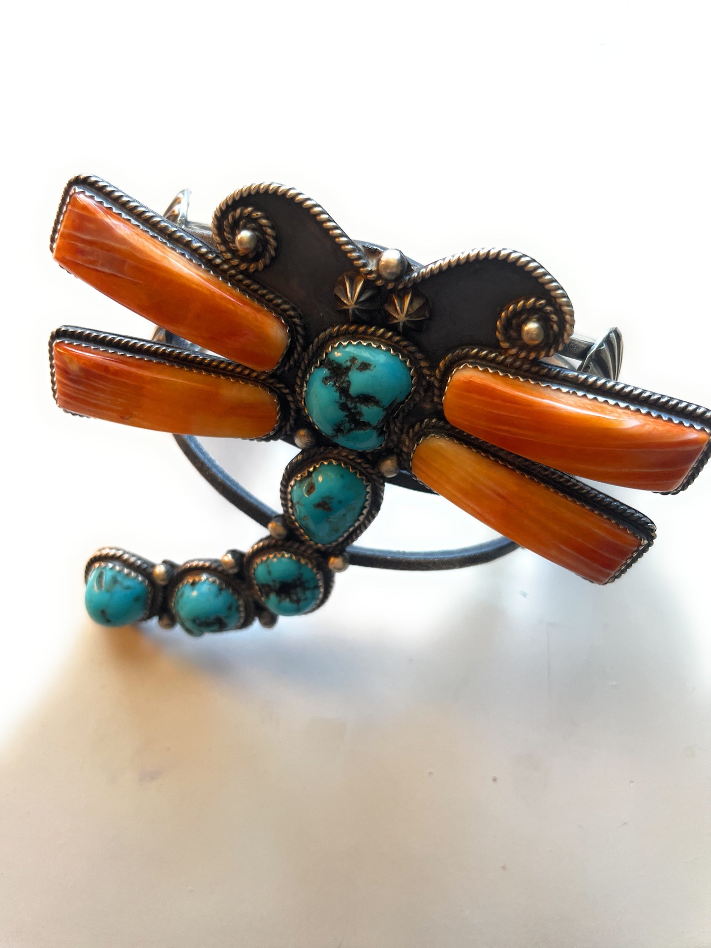 Handcrafted Kingman Turquoise, Spiny & Sterling Silver Dragonfly Cuff Bracelet Signed Kevin Billah