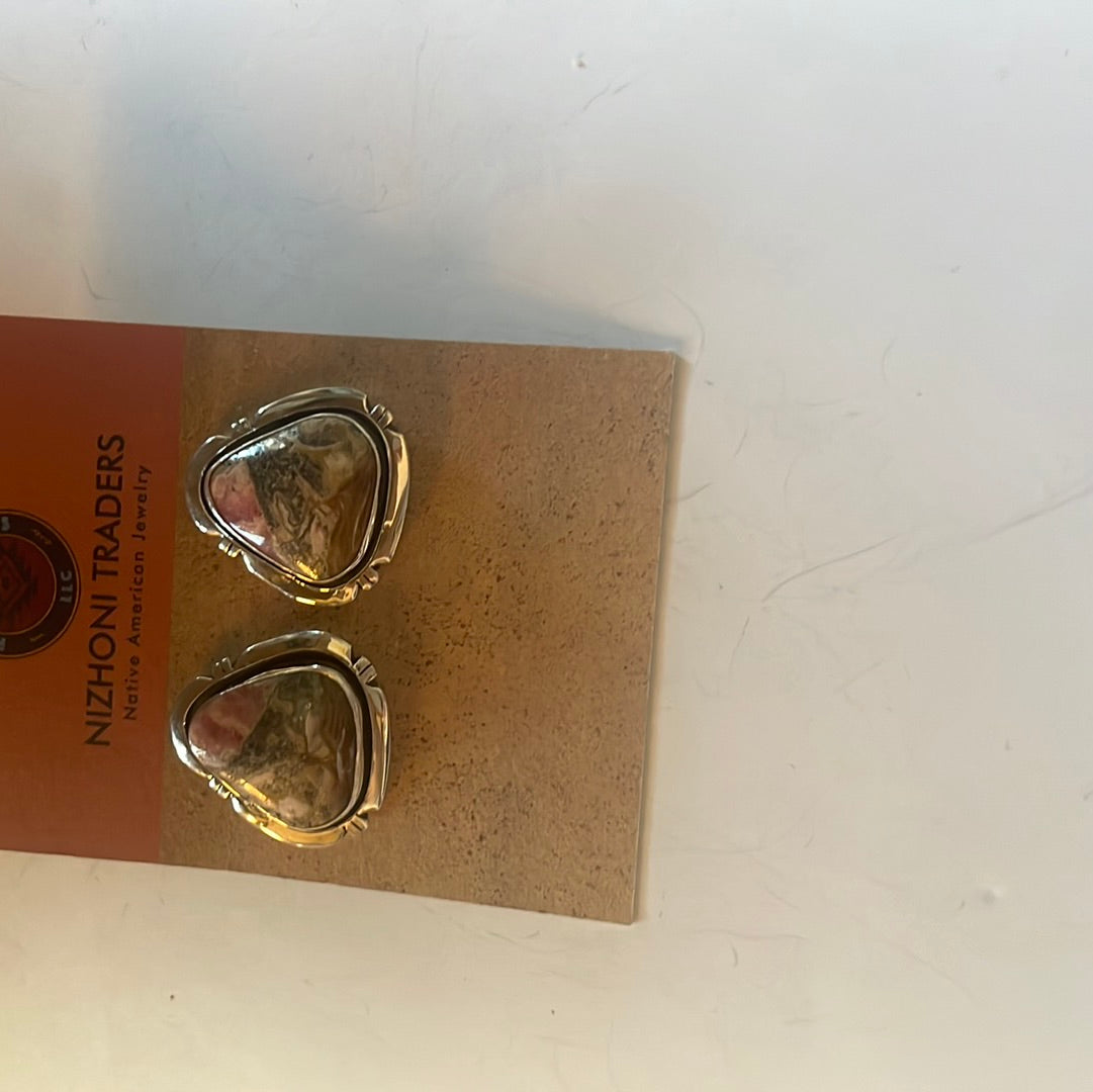 Handcrafted Sterling Silver & Rhodochrosite Stone Post Earrings Signed