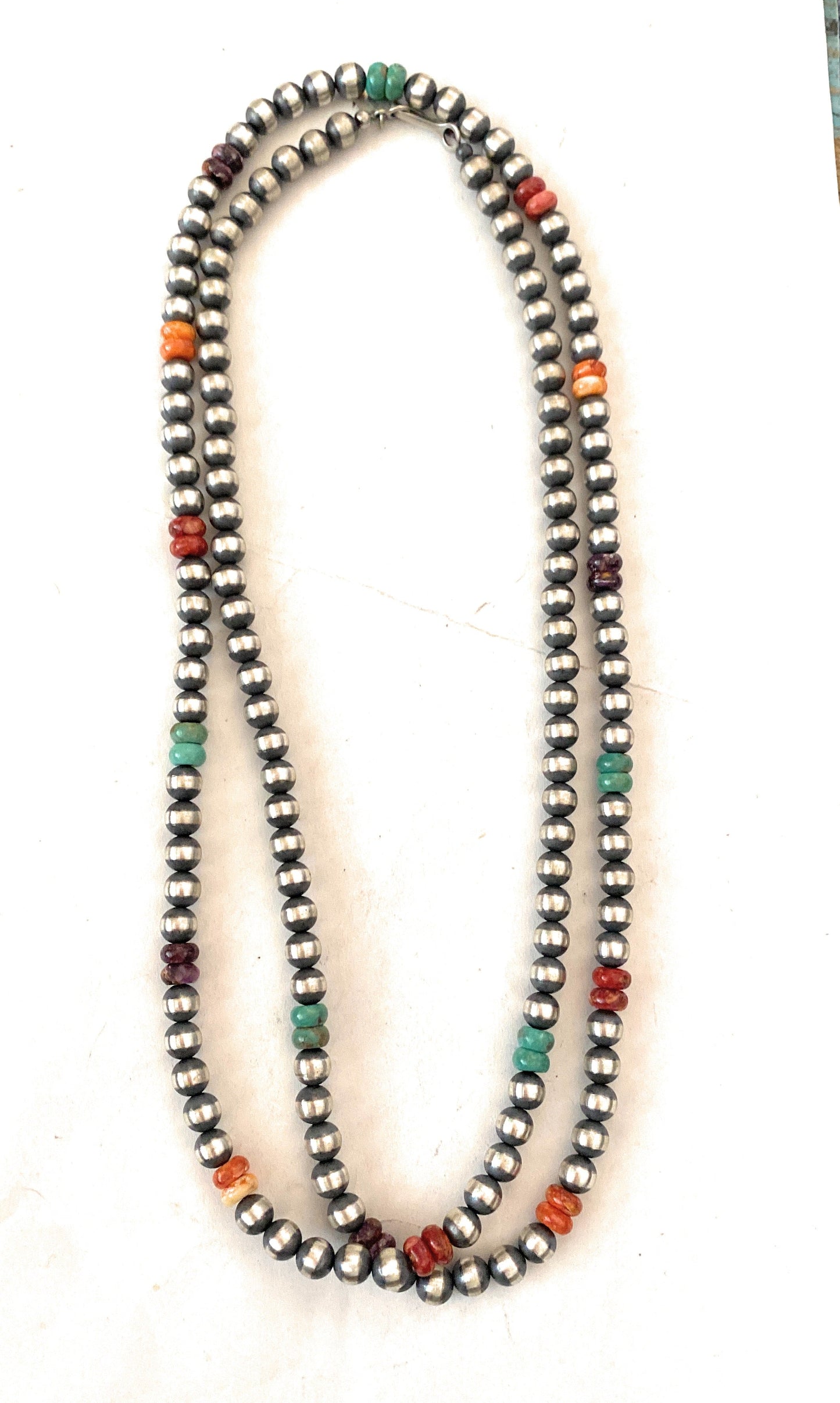 Handcrafted Multi Stone & Sterling Silver Pearl Beaded 36” Necklace