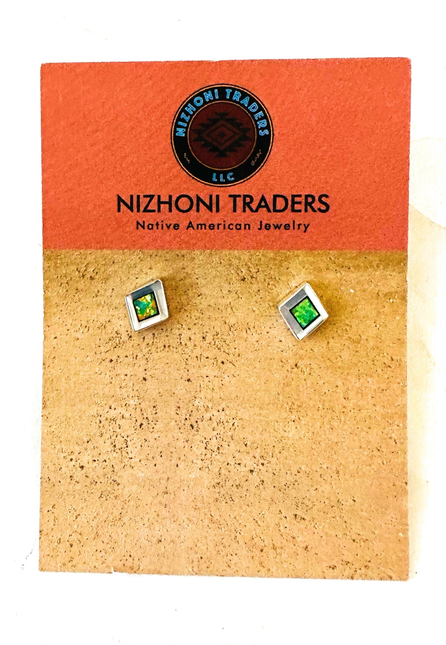 Handcrafted Mother of Pearl Green Opal & Sterling Silver Diamond Inlay Stud Earrings