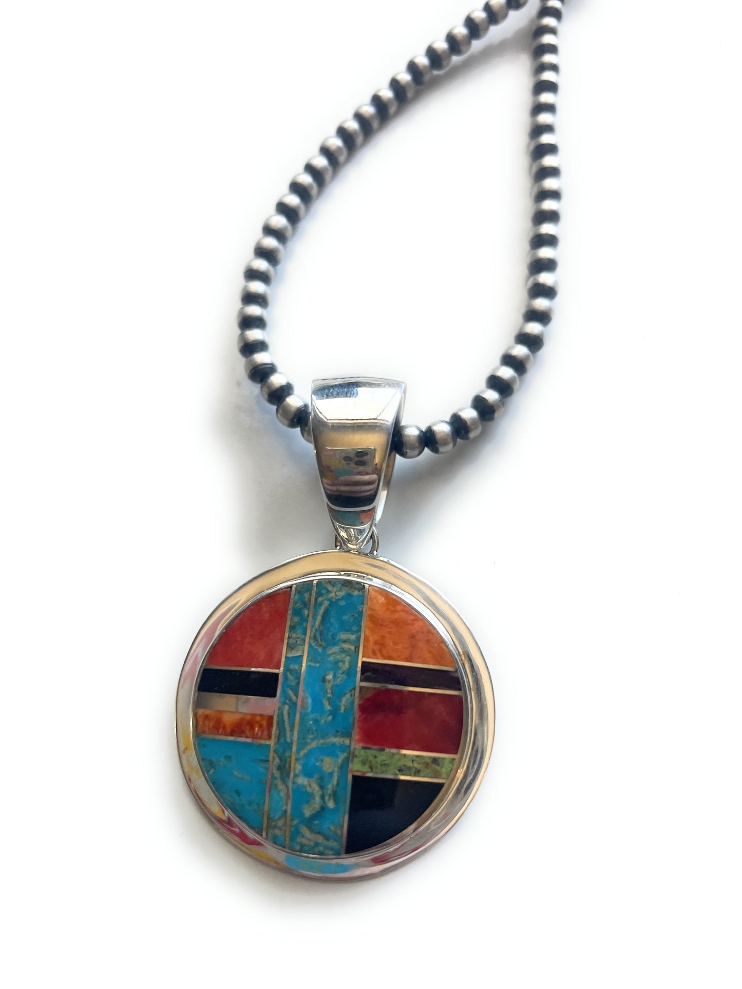 Handcrafted Multi Stone Inlay & Sterling Silver Circle Pendant