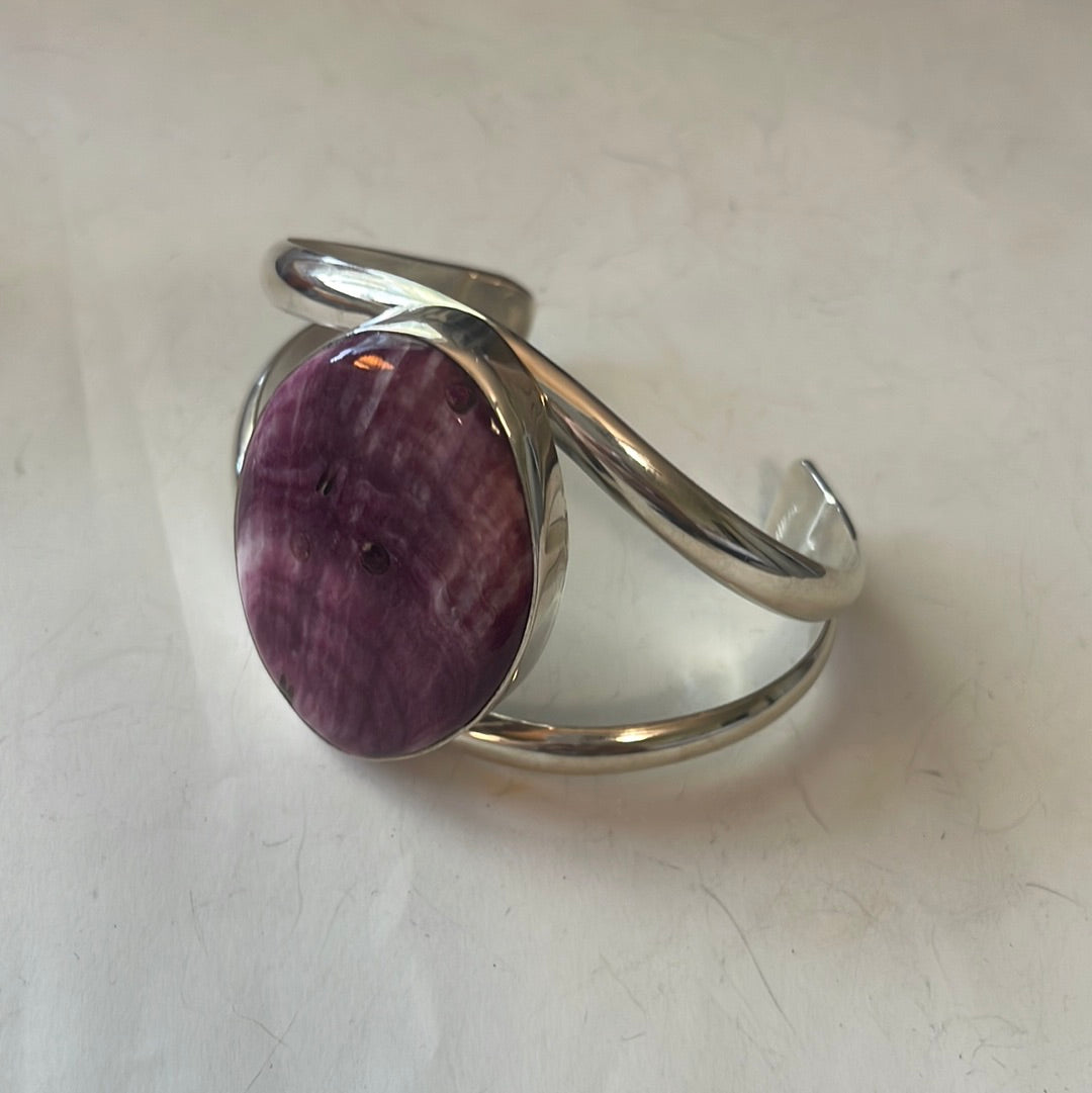 Handcrafted Sterling Silver & Purple Spiny Cuff Bracelet Signed