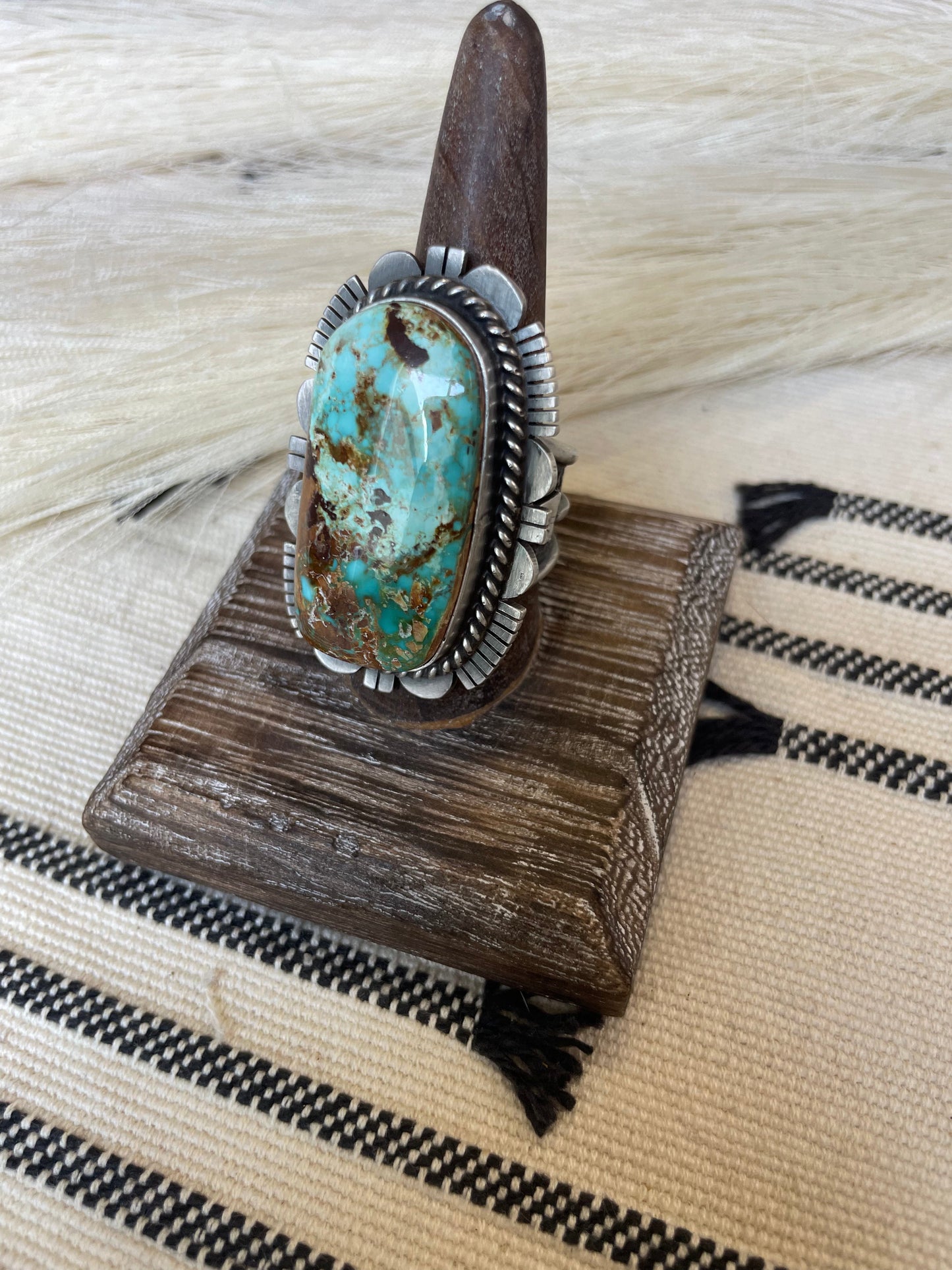 Handcrafted Turquoise & Sterling Silver Ring Size 10 Signed Russell Sam