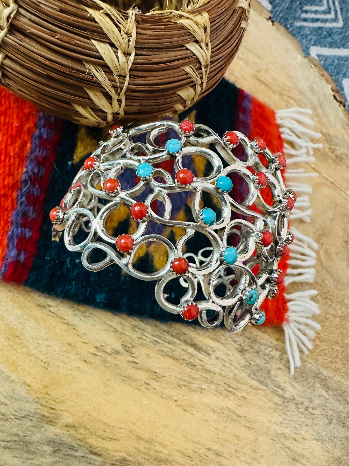Navajo Turquoise, Coral & Sterling Silver Cuff Bracelet Signed
