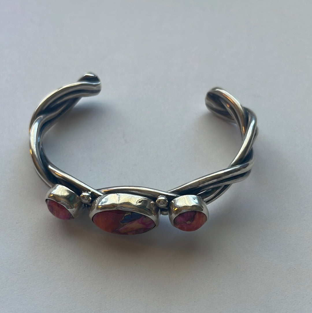 Handcrafted Pink Dream Mojave & Sterling Silver Cuff Bracelet Signed