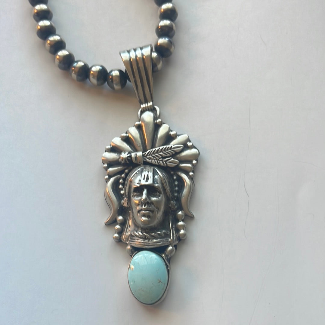 Beautiful Handcrafted Sterling Silver & Turquoise Chief Pendant Signed Russell Sam