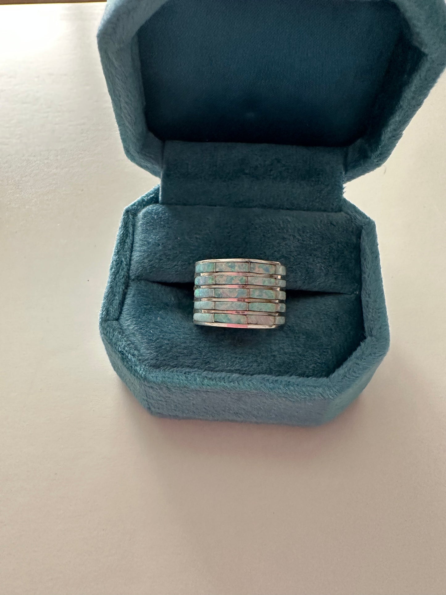 Handcrafted Sterling Silver & White Opal Inlayed Wide Stacker Ring