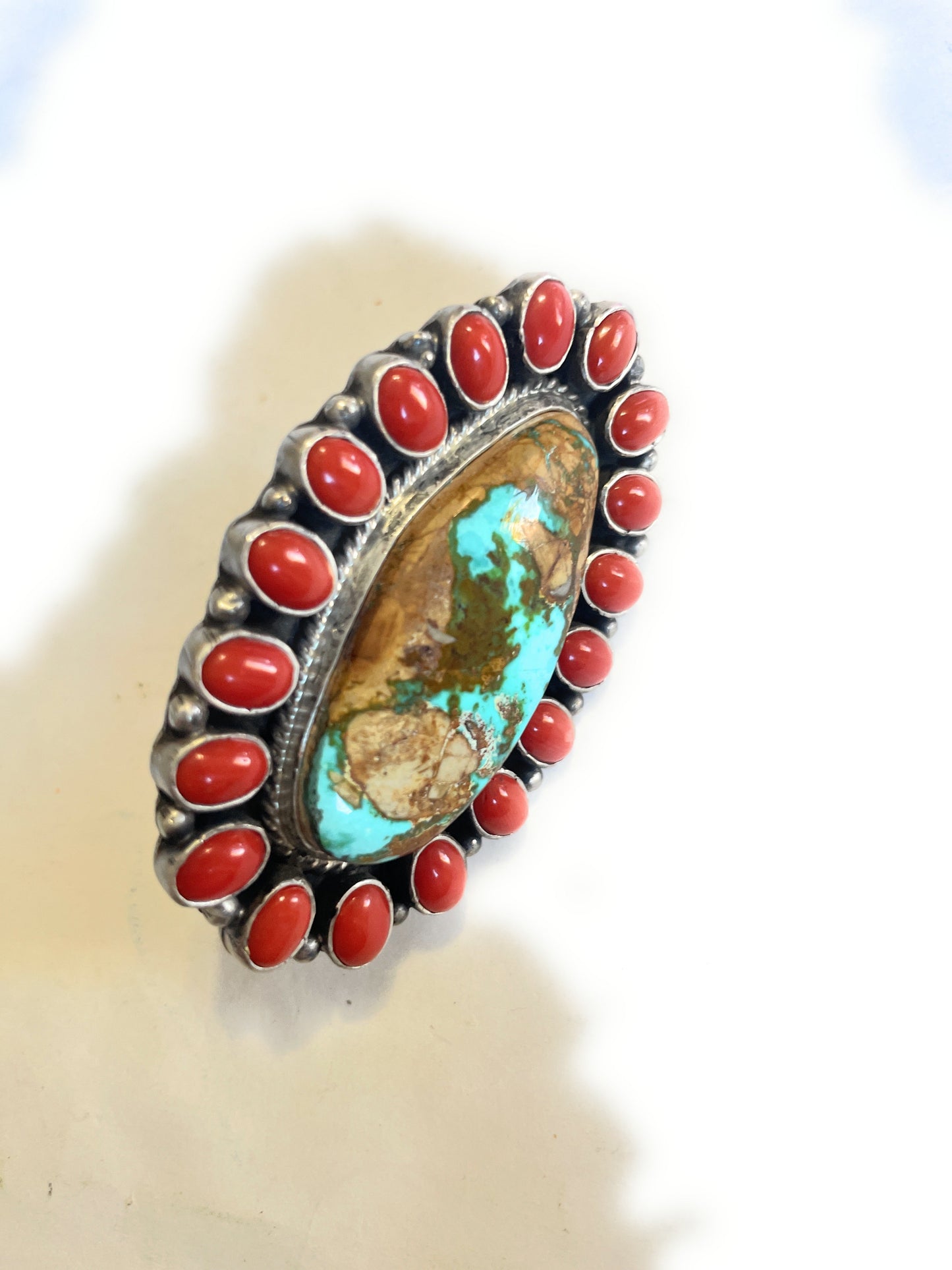 Handcrafted Number 8 Turquoise, Coral & Sterling Silver Ring Size 8 Signed G James