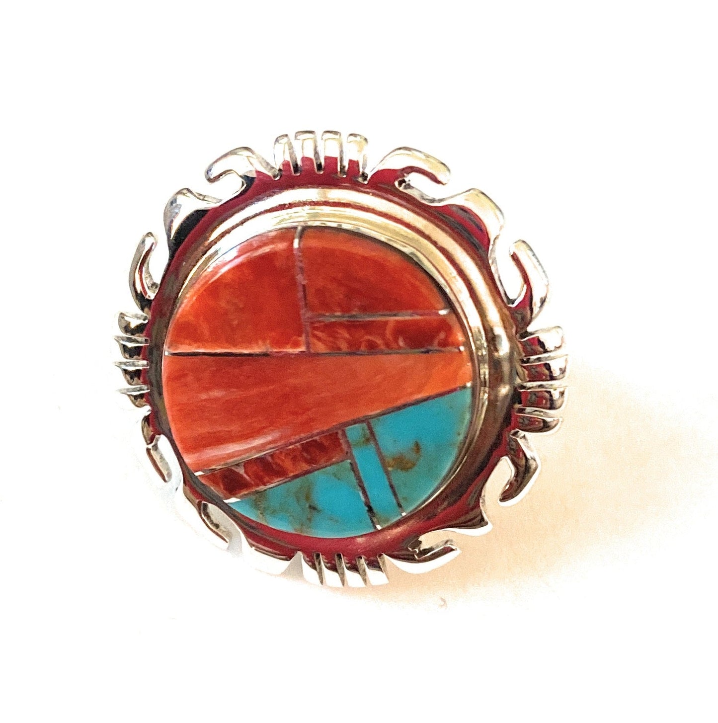 Handcrafted Sterling Silver, Orange Spiny & Turquoise Inlay Ring Size 6.5