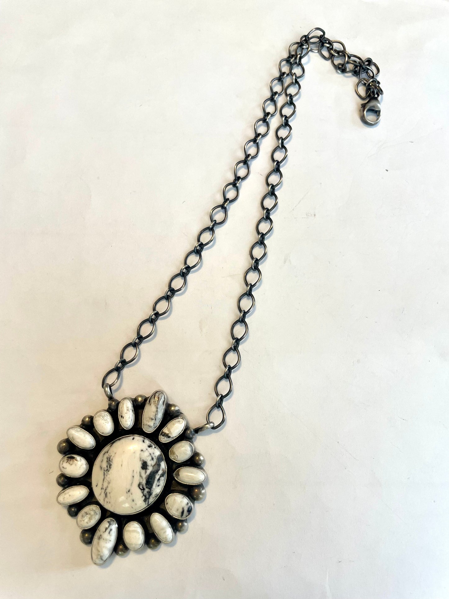 Handcrafted White Buffalo And Sterling Silver Cluster Necklace Signed & Stamped