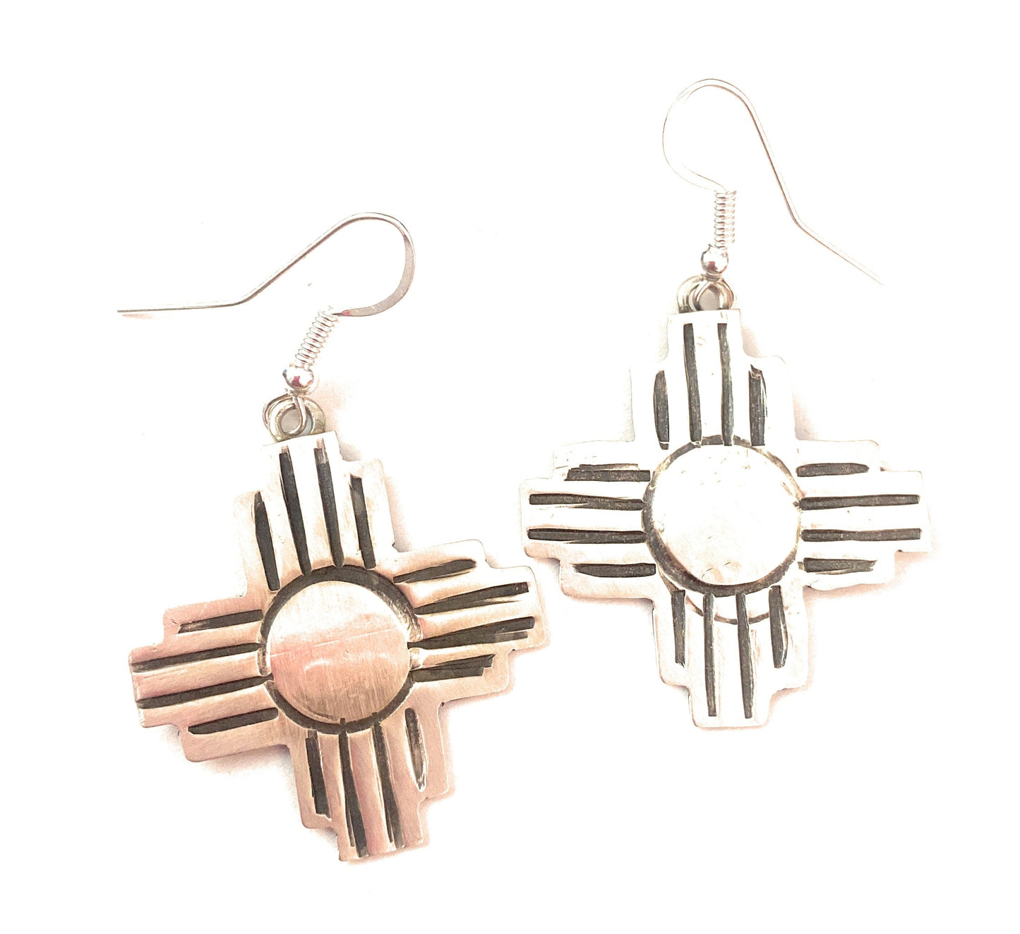 Handcrafted Hand Stamped Sterling Silver Zia Cross Dangle Earrings Signed