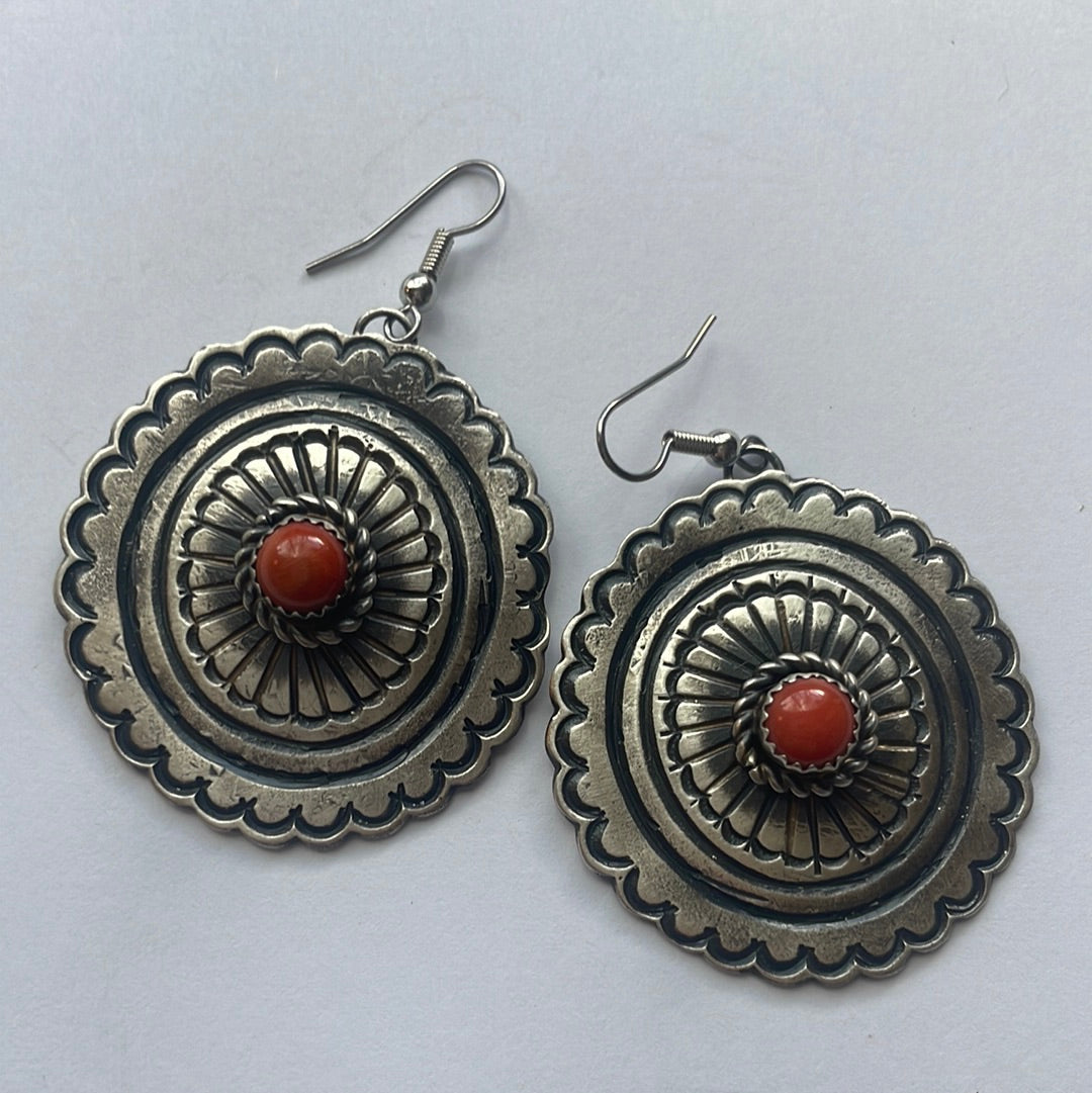 Beautiful Handcrafted Sterling Silver & Coral Dangle Earrings Signed